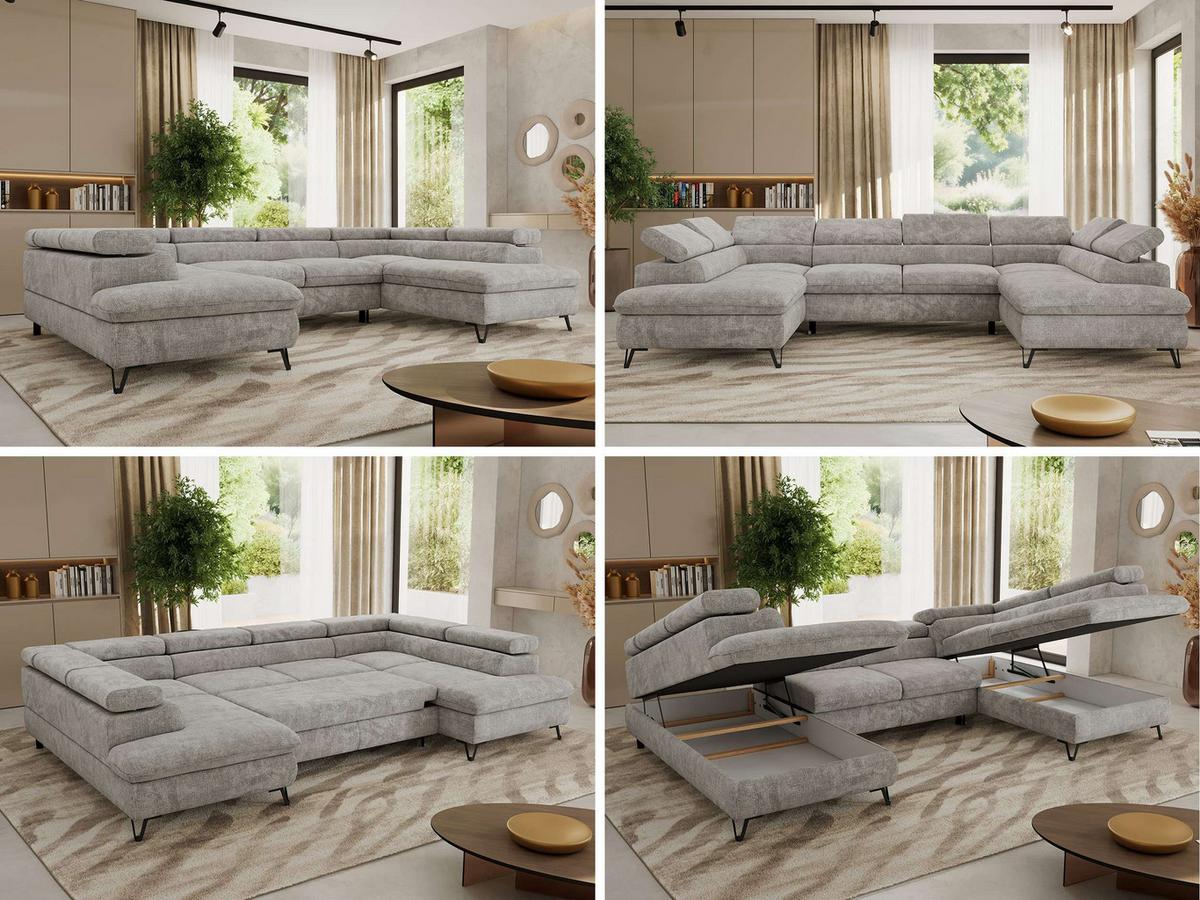 WOHNLANDSCHAFT PABLO U Schenille grob gewebt Hellgrau mit Topper Visco - Hellgrau/Schwarz, Textil/Metall (346/76/208cm) - MKS
