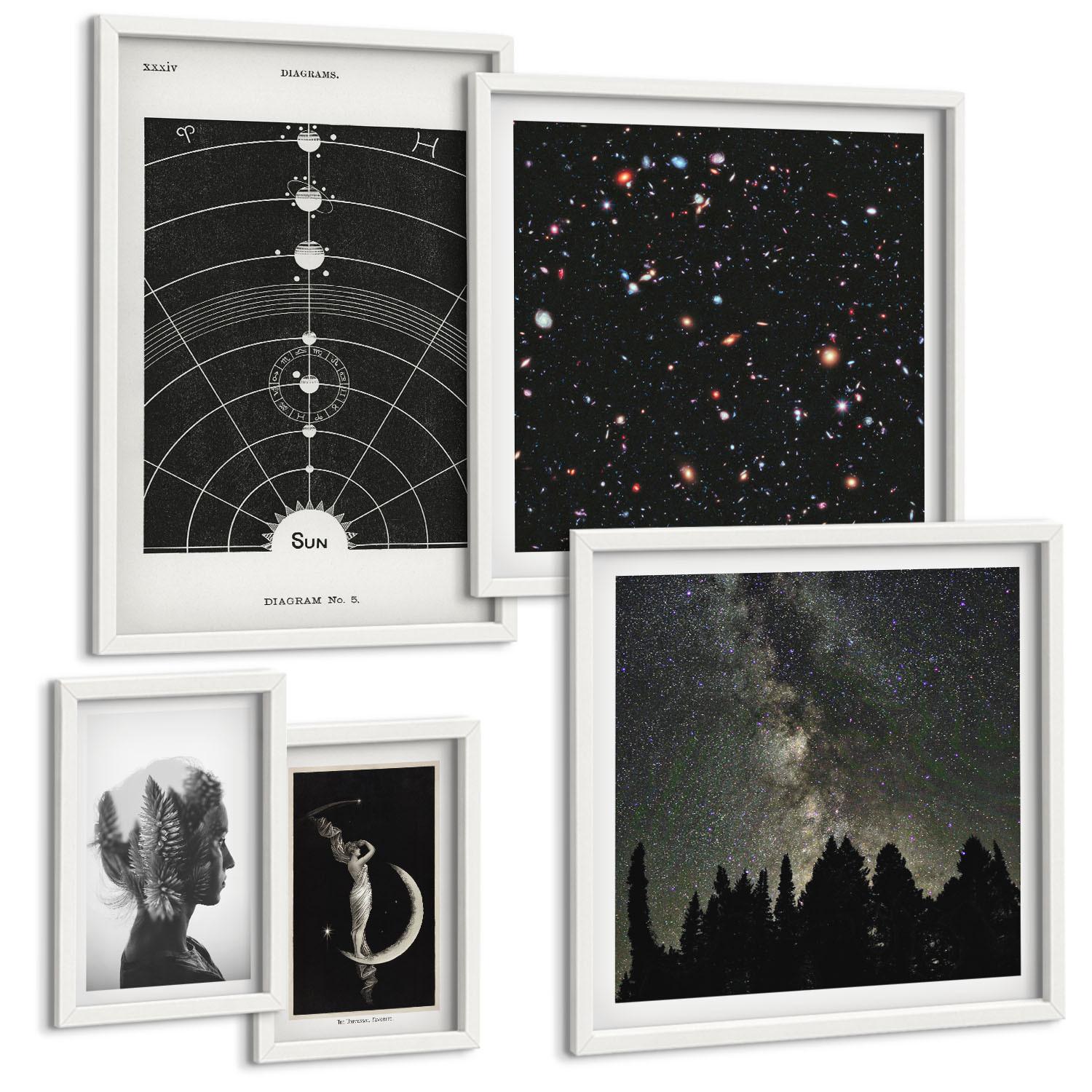 BILDER SET 5er Set - 50x50 cm & 20x30 cm & 40x60 cm Weißer Rahmen - Galaxie im Sonnensystem - Weiß, Kunststoff (40/60cm) - TULUP
