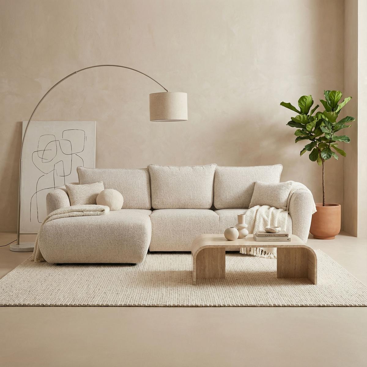 ECKSOFA Fabio mit Bettkasten, Strukturiert Ecru 255/165/91 cm - Ecru/Schwarz, Textil (255/165cm) - WFL GROUP