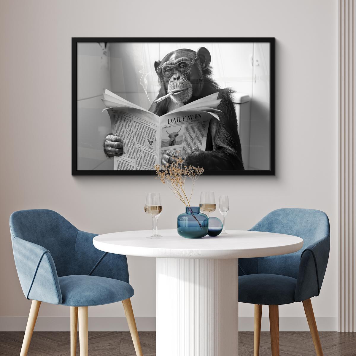POSTER MIT RAHMENGERAHMTES BILD Affe - WC - Zeitung - Schwarz-Weiß - Humor 90x60 cm - Hellgrau, Papier (90/60cm) - MuchoWow