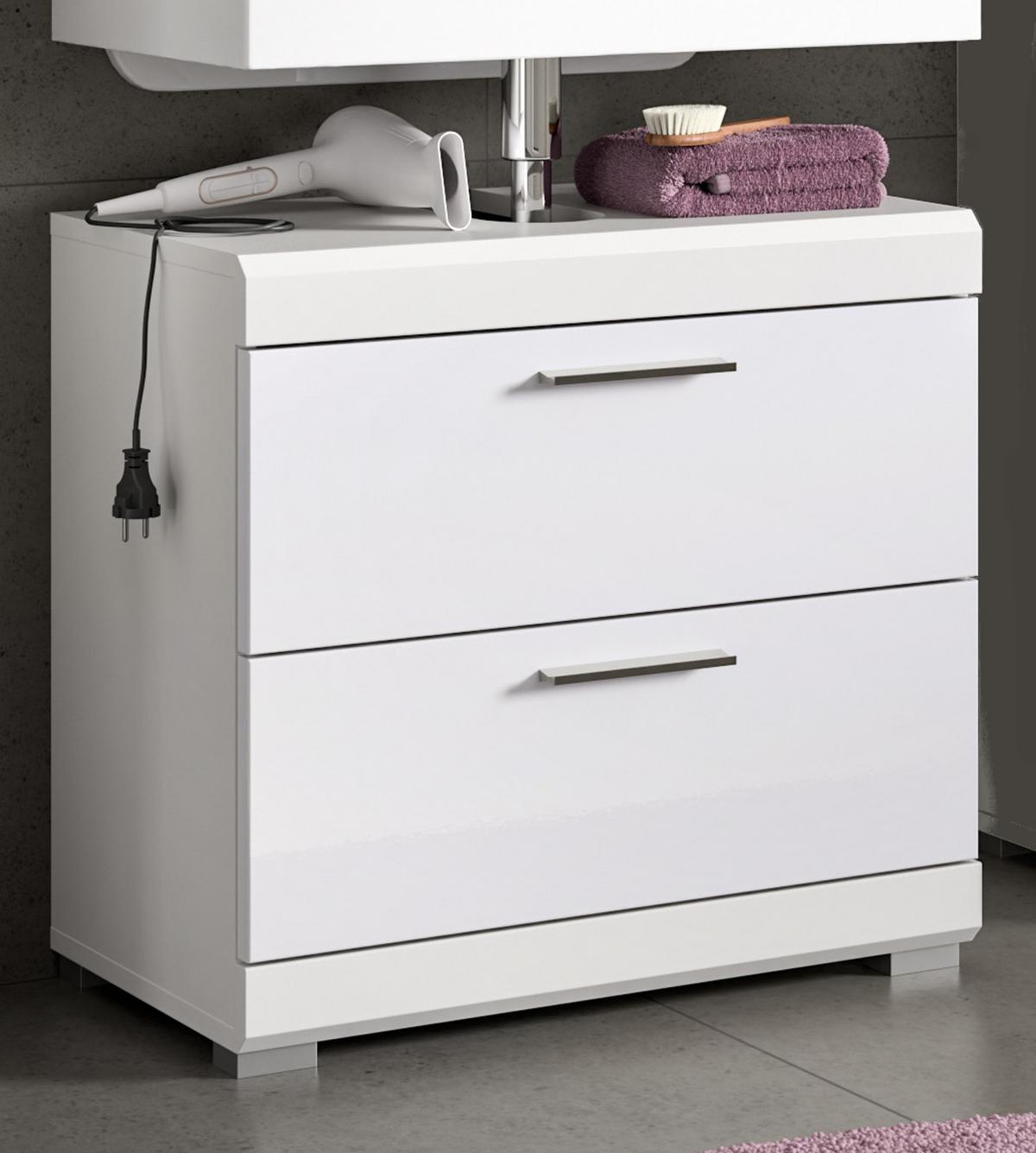 WASCHBECKENUNTERSCHRANK weiß Hochglanz 60 cm mit Vollauszug Schubkästen - Weiß Hochglanz/Silberfarben, Holzwerkstoff/Kunststoff (60/56/37cm) - Inn.Furn