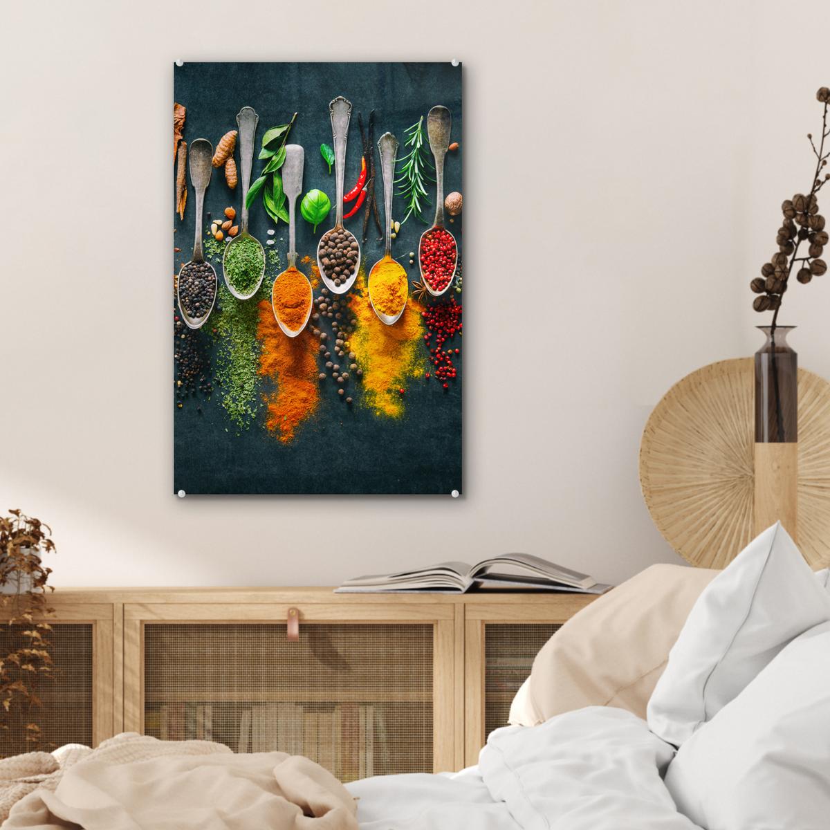 ACRYLGLASBILD Kräuter - Gewürze - Löffel Wanddeko Wohnzimmer 40x60 cm - Currygelb, Glas (40/60cm) - MuchoWow