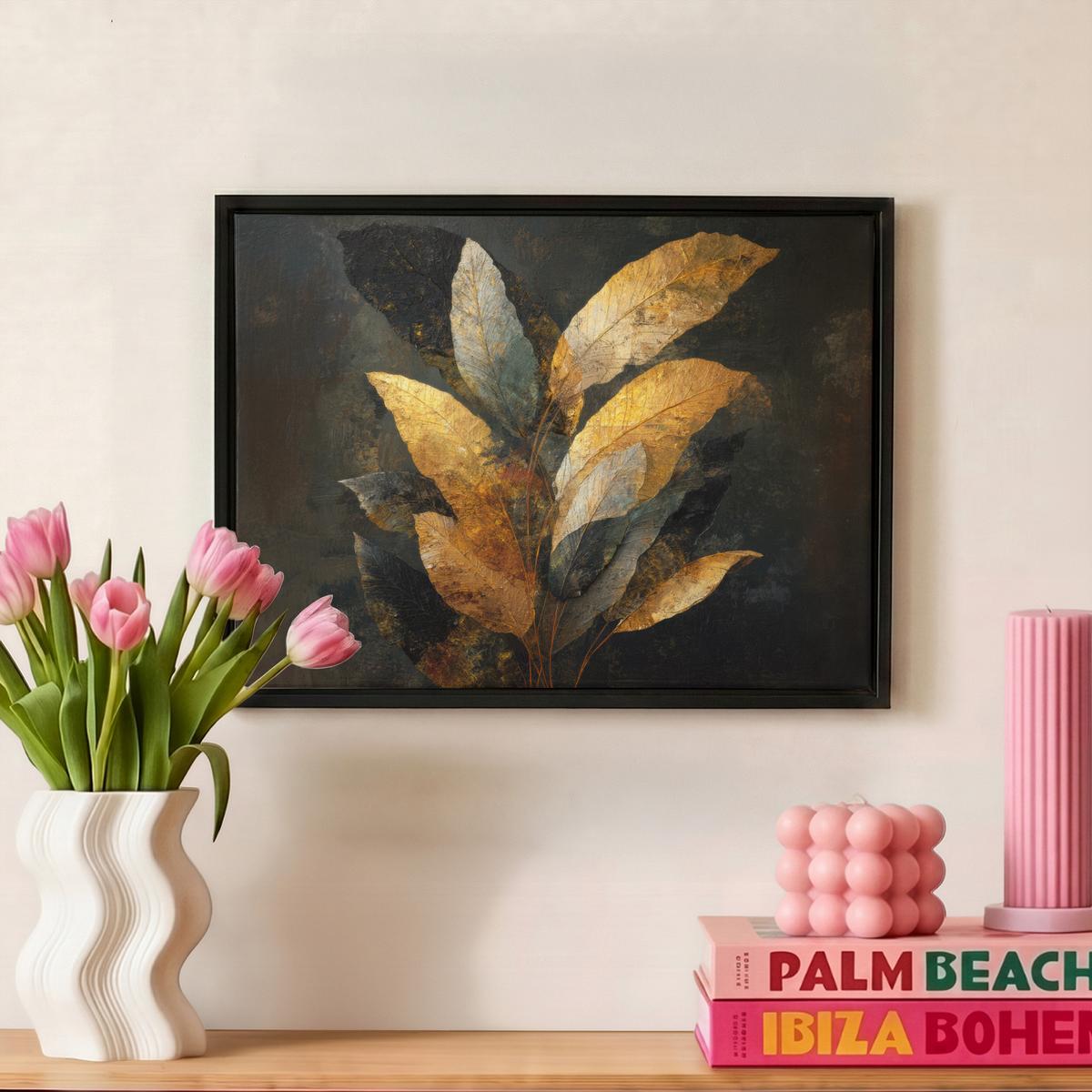 LEINWAND Bilder mit Rahmen - Golden Leaf Komposition - Botanical Luxury - 40x30 - Goldfarben, Textil (40/30cm) - MuchoWow