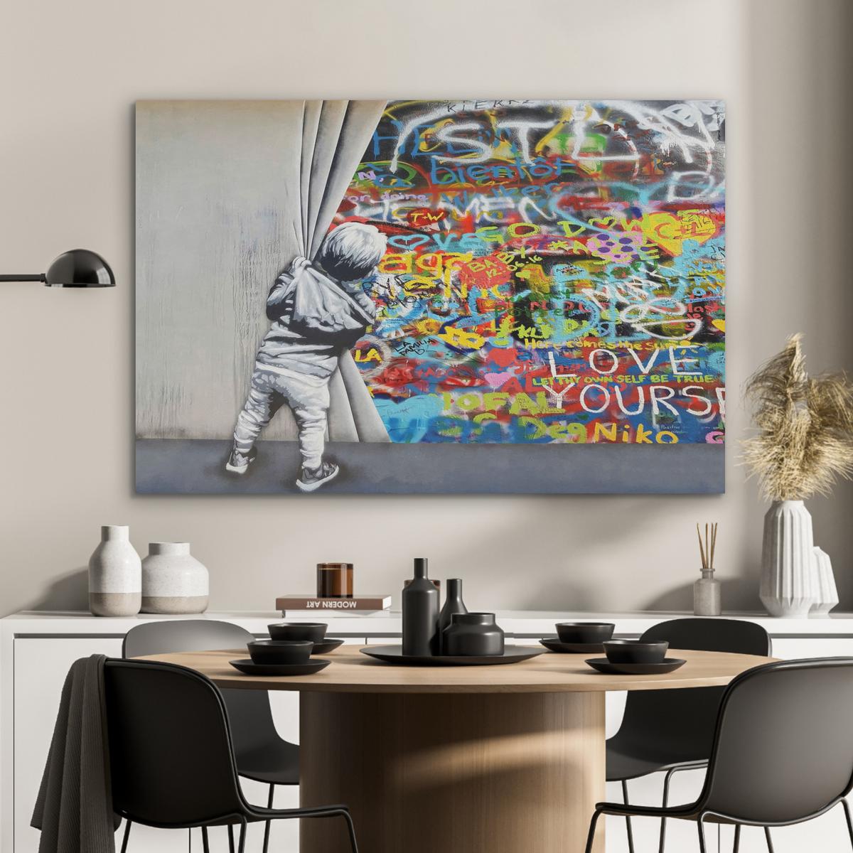 AKUSTIKBILD Graffiti - Junge - Ilussie - Straßenkunst Wandbild Wohnzimmer 100x70 cm - Hellgrau, Textil (100/70/0.9cm) - MuchoWow