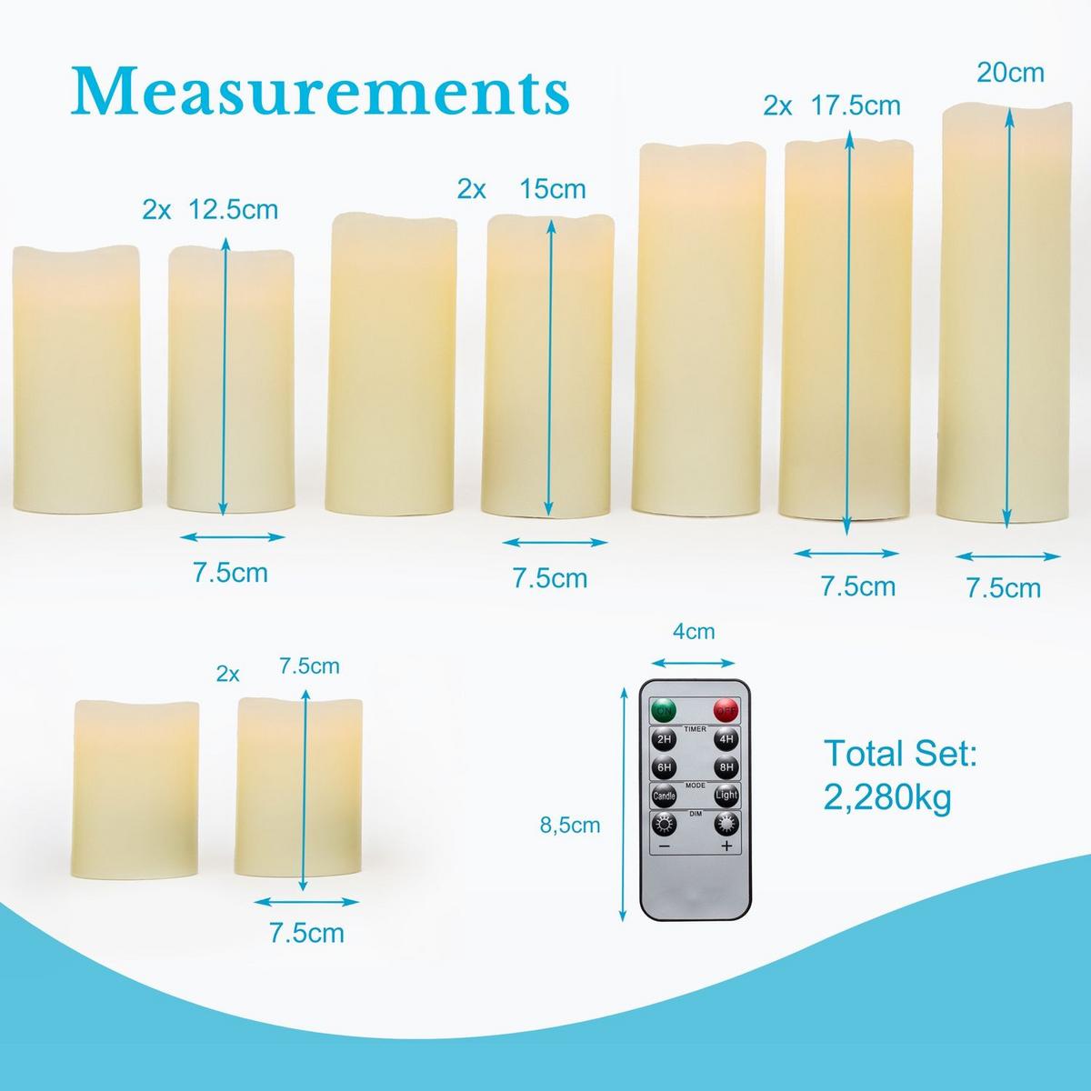 LED KERZEN Set inkl. Fernbedienung (9er-Set) - Weiß, Naturmaterialen (5.5/5.5/20cm) - Intirilife