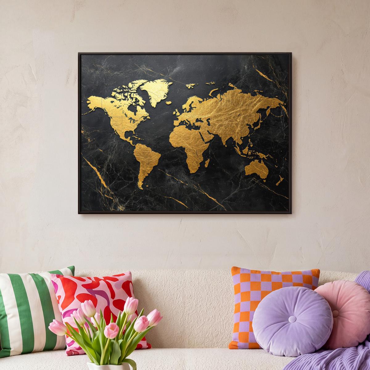 LEINWAND Bilder mit Rahmen - Weltkarte - Gold - Marmor - 70x50 - Goldfarben, Textil (70/50cm) - MuchoWow