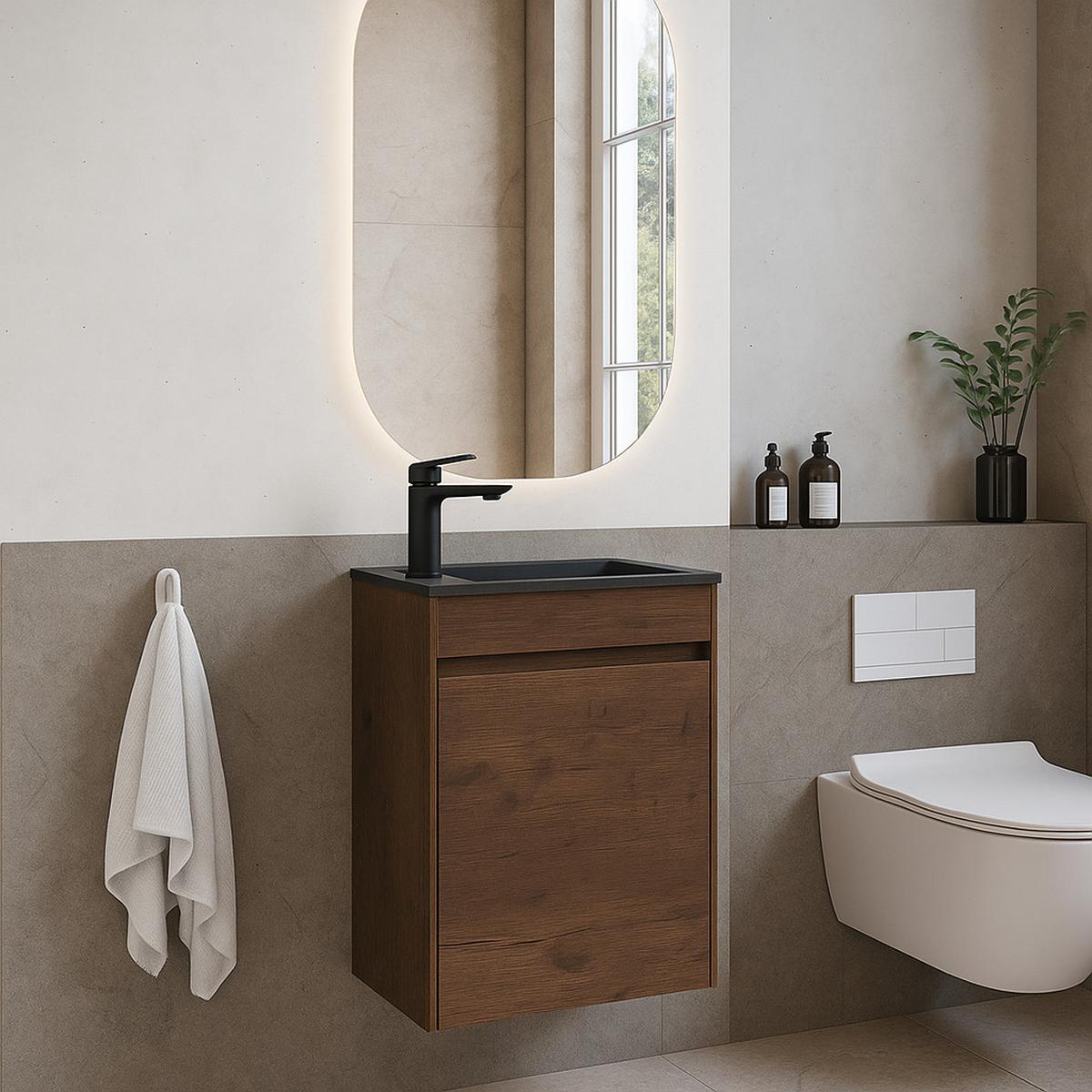 GÄSTE-WC-MÖBELSET Sinta 2 Teile Walnuss Braun - Schwarze Waschbecken - 40 x 22 x 54 cm - Walnussfarben/Schwarz, Holz (40/54/22cm) - Badplaats