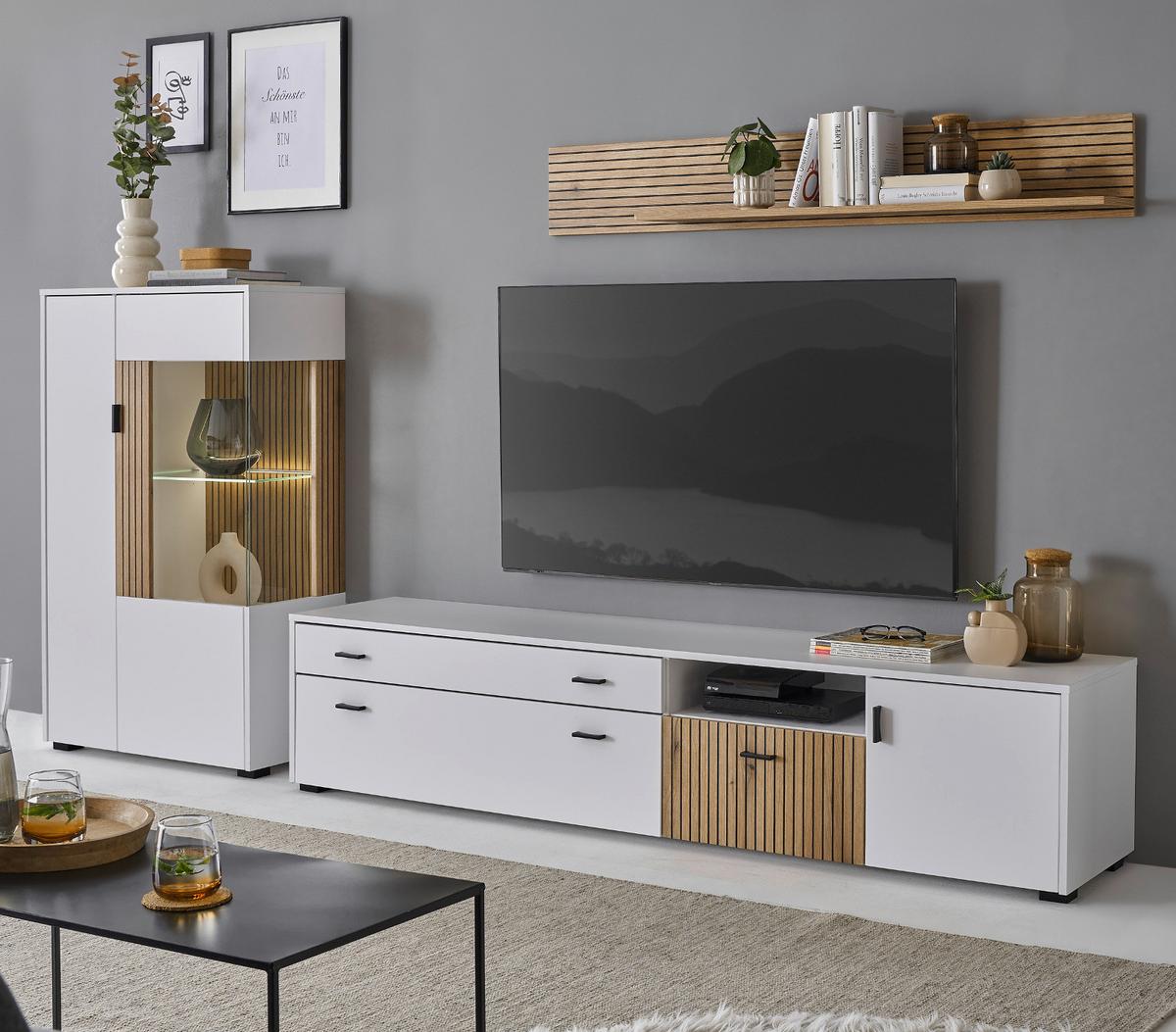 WOHNWAND 3-teilig weiß matt, Eiche 285 cm, Wohnkombination mit Soft-Close - Eichefarben/Schwarz, Glas/Holzwerkstoff (285/170/42cm) - Furn.Design