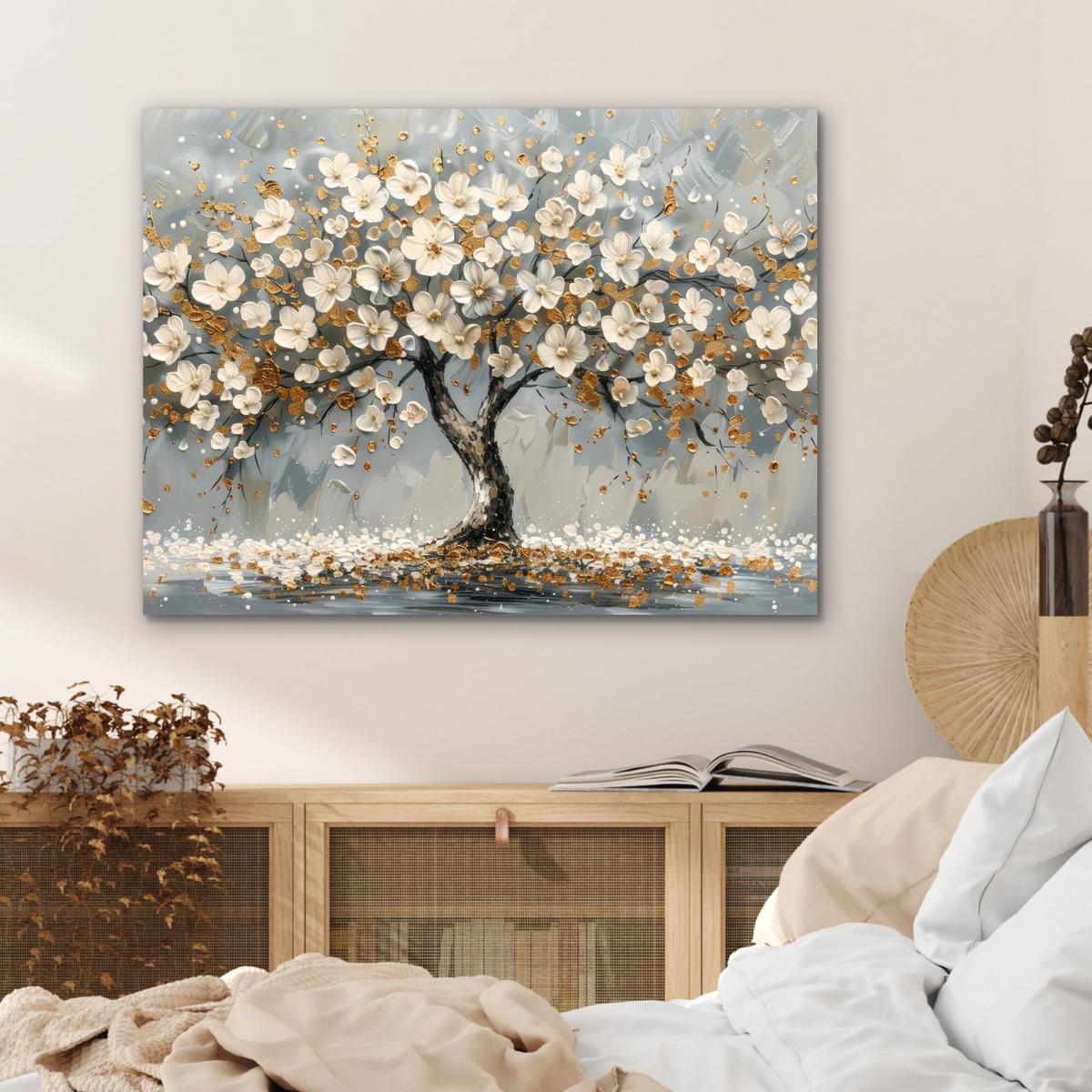 METALLBILD Baum - Blumen - Weiß - Natur - Kunst 80x60 cm - Weiß, Metall (80/60cm) - MuchoWow