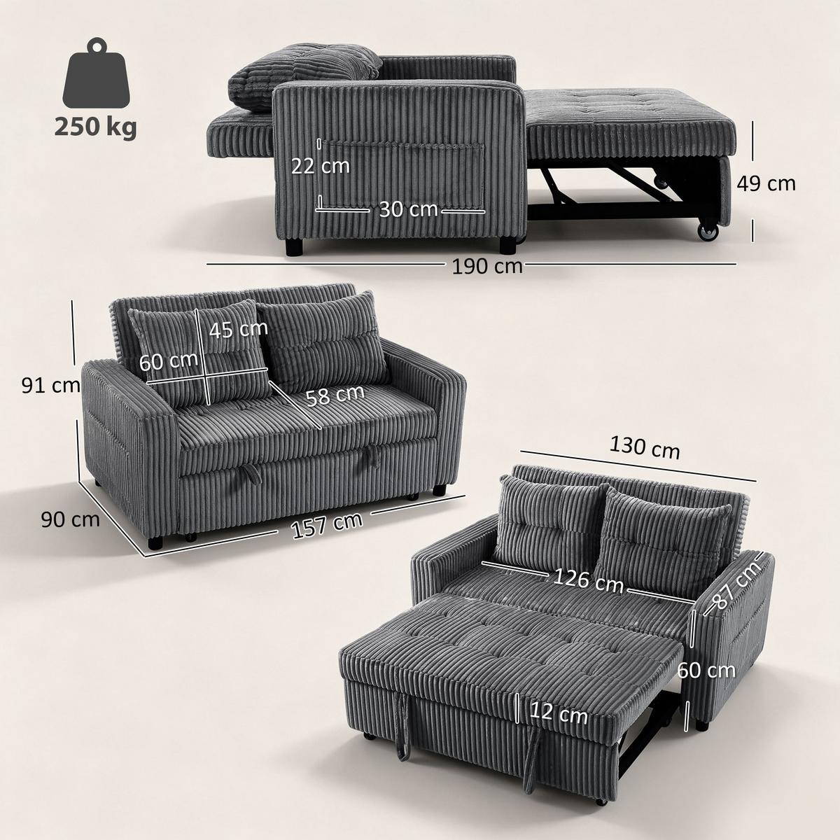 SCHLAFSOFA Polyester Stahl Dunkelgrau - Dunkelgrau/Hellgrau, Holz/Kunststoff (90/91/157cm) - HOMCOM