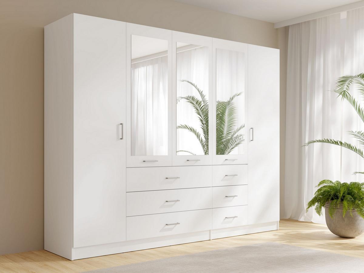 DREHTÜRENSCHRANK NEVARIS 250/200,5/58cm 5-türig mit Spiegel Weiß - Weiß, Holzwerkstoff (250/200.5/58cm) - MASSENO