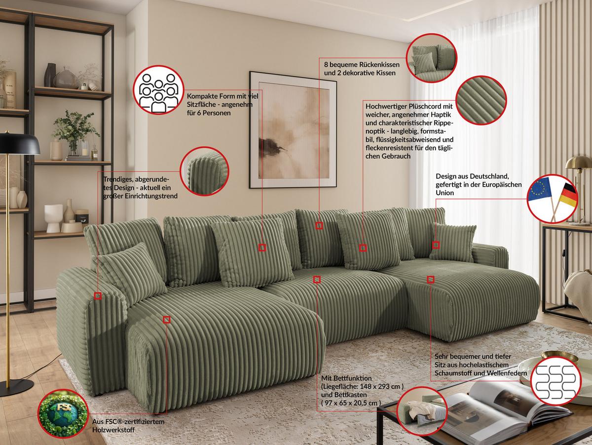 WOHNLANDSCHAFT Calma mit Schlaffunktion und Bettkasten im Bumpy-Design aus weichem Olive Plüschcord - Beige/Schwarz, Holz/Textil (336/88/140cm) - S-Style
