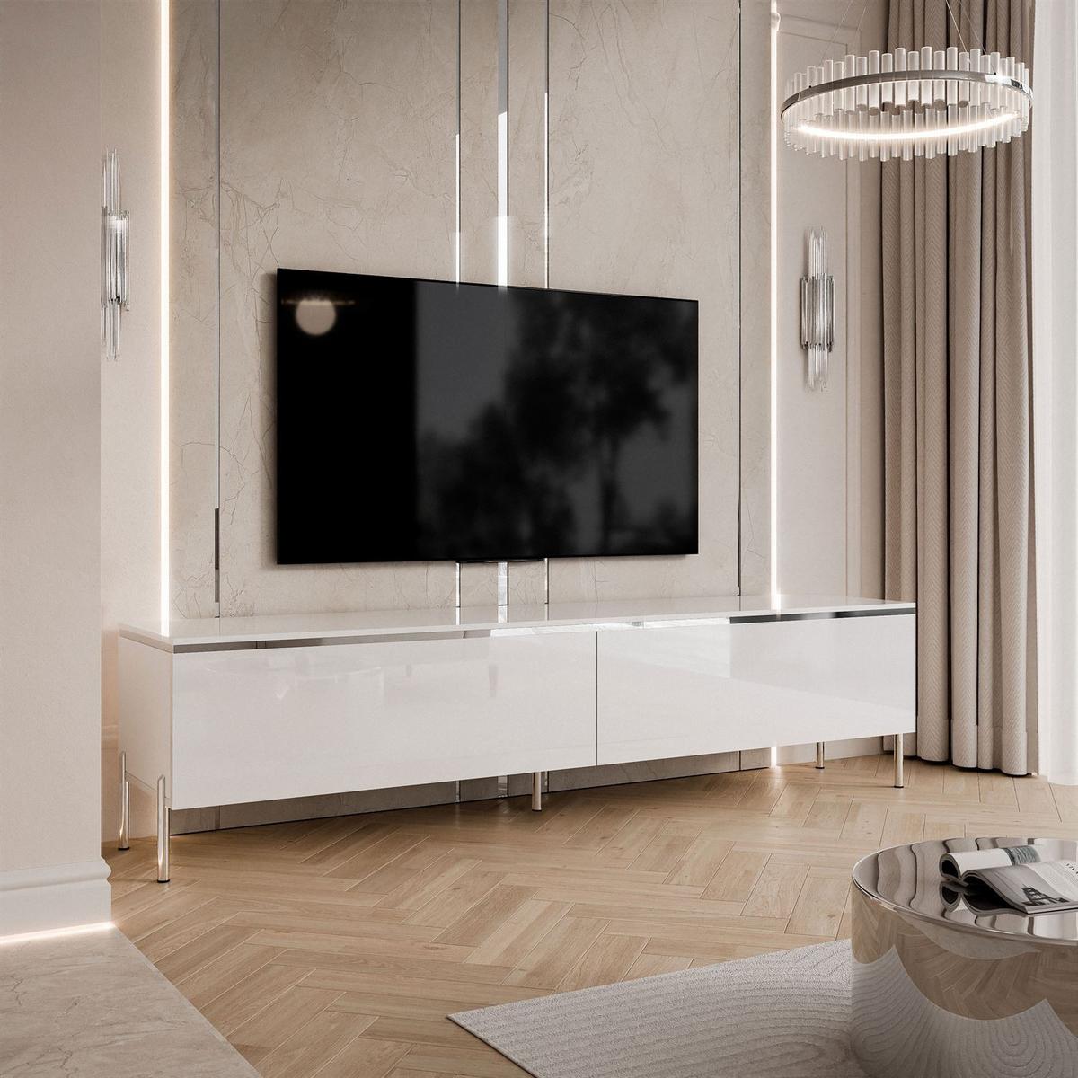 TV-SCHRANK AURORA SILVER 180 cm mit LED-Beleuchtung – gerade Chrombeine - Weiß Hochglanz, Holzwerkstoff (180/49.5/40cm) - Lookway