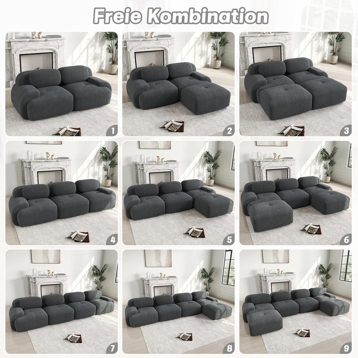 2-SITZER-SOFA in cordstoff rahmenloses design & modular kombinierbar - Grau, Textil (103/75/208cm) - Urban Meuble