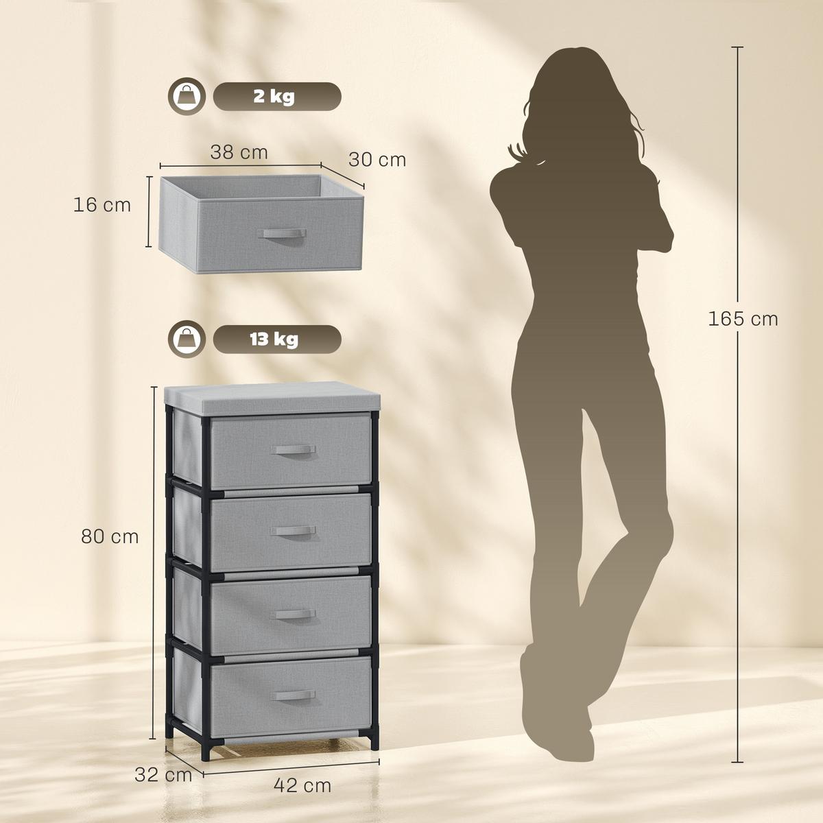 KOMMODE Leinen Stahl Grau - Schwarz/Grau, Textil/Metall (32/80/42cm) - HOMCOM