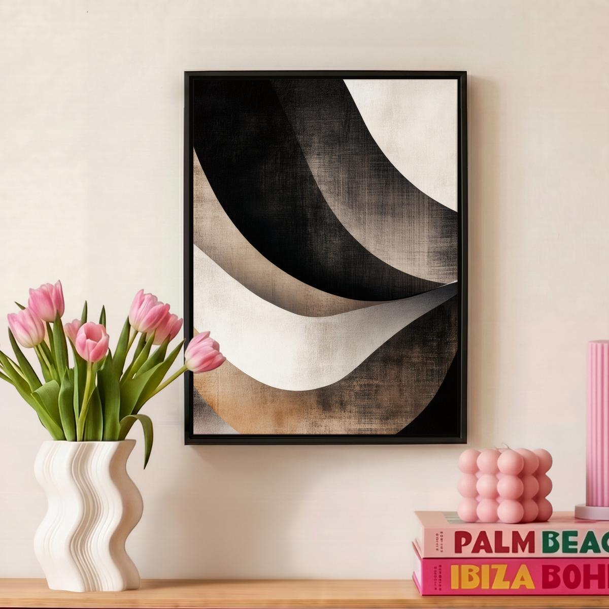 LEINWAND Bilder mit Rahmen - Abstrakt - Wellen - Schwarz - Verwittert - 30x40 - Trüffeleichefarben, Textil (30/40cm) - MuchoWow