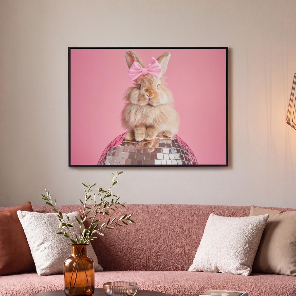 LEINWAND Bilder mit Rahmen - Schleife - Discoball - Kaninchen - 80x60 - Pink, Textil (80/60cm) - MuchoWow
