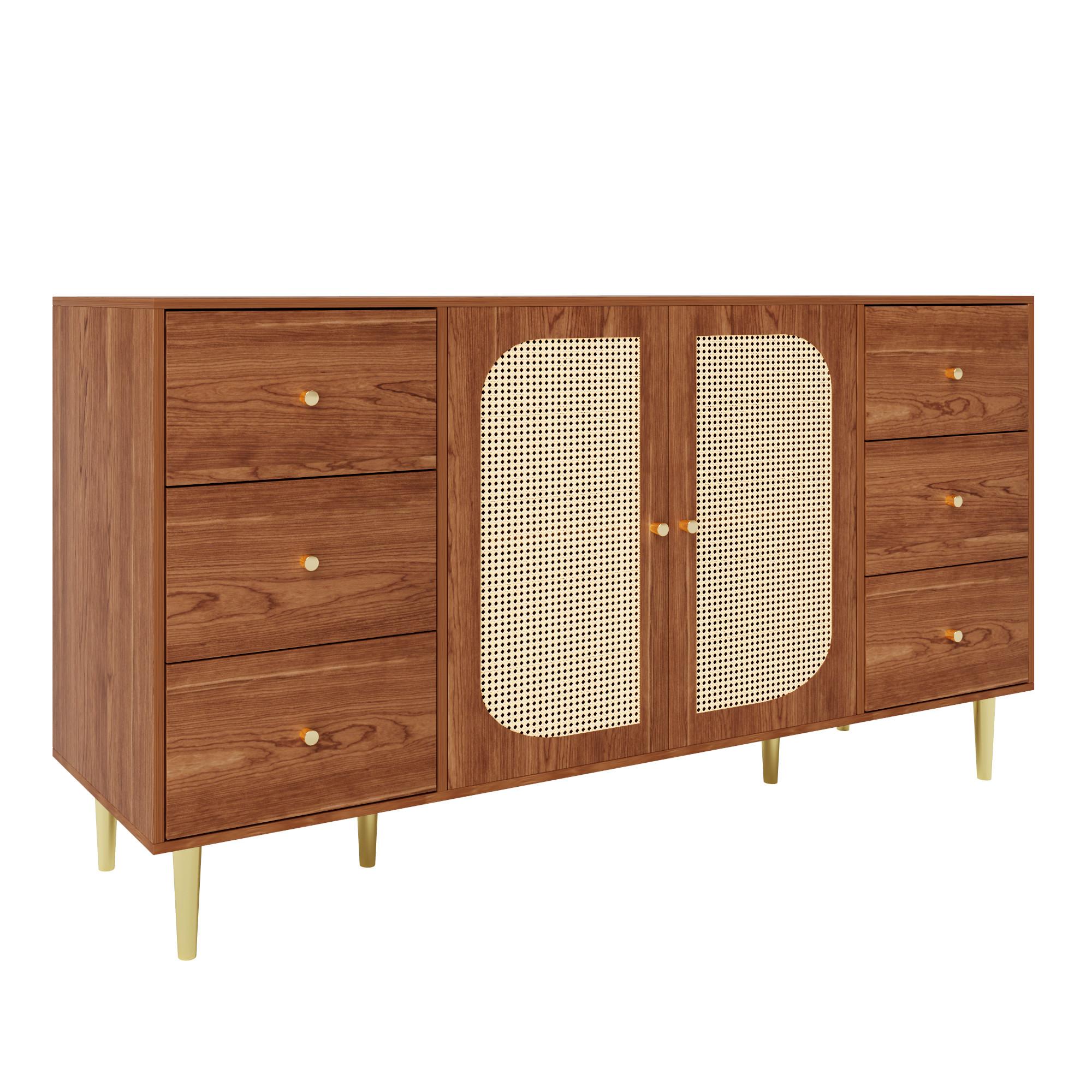 SIDEBOARD 160 cm Holzoptik & Rattan Kommode mit 6 Schubladen und 2 Türen - Eichefarben, Holzwerkstoff (160/90/40cm) - Urban Meuble
