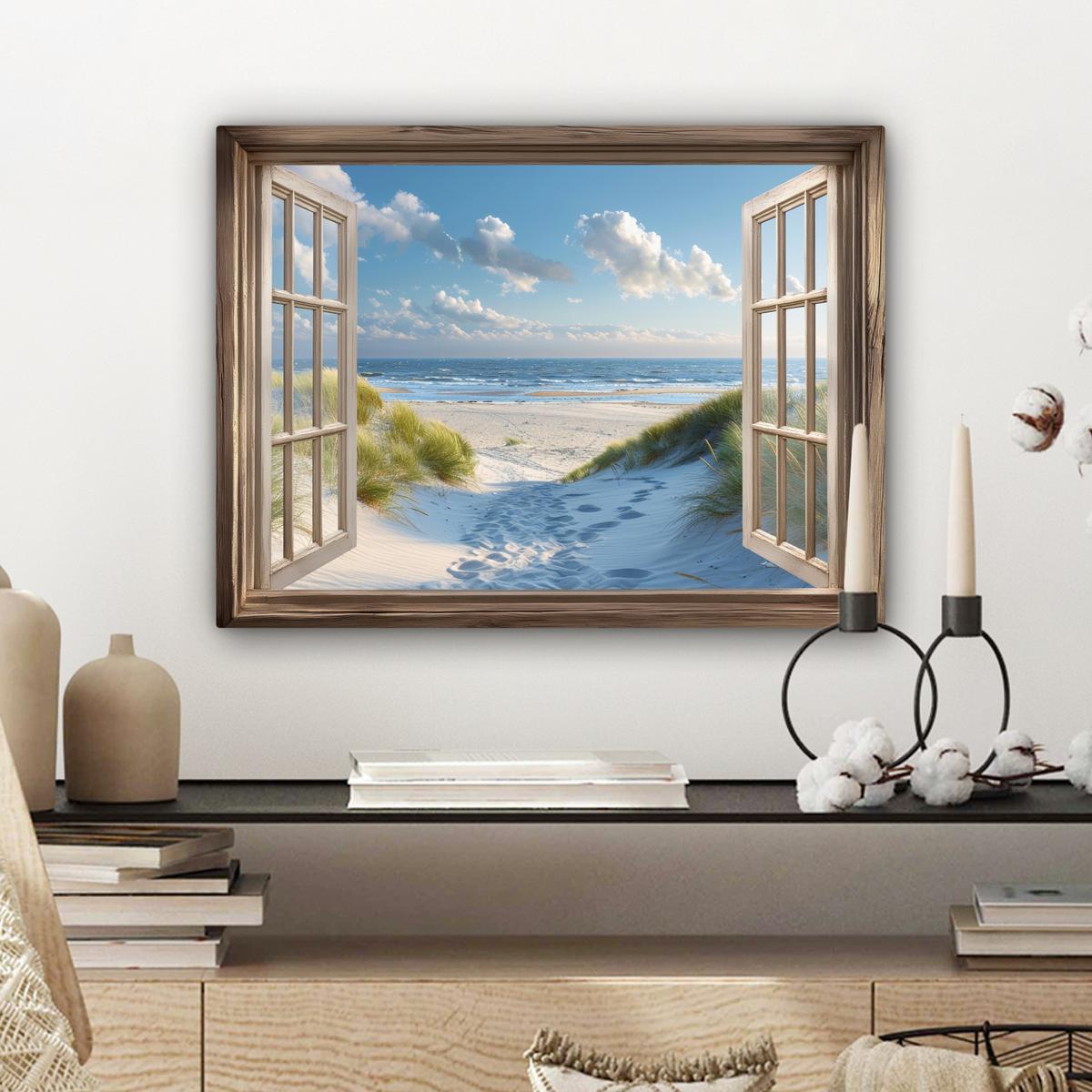 LEINWANDBILD Aussicht - Strand - Fenster - Dünen - Meer Wandbild 40x30 cm - Hellblau, Textil (40/30cm) - MuchoWow