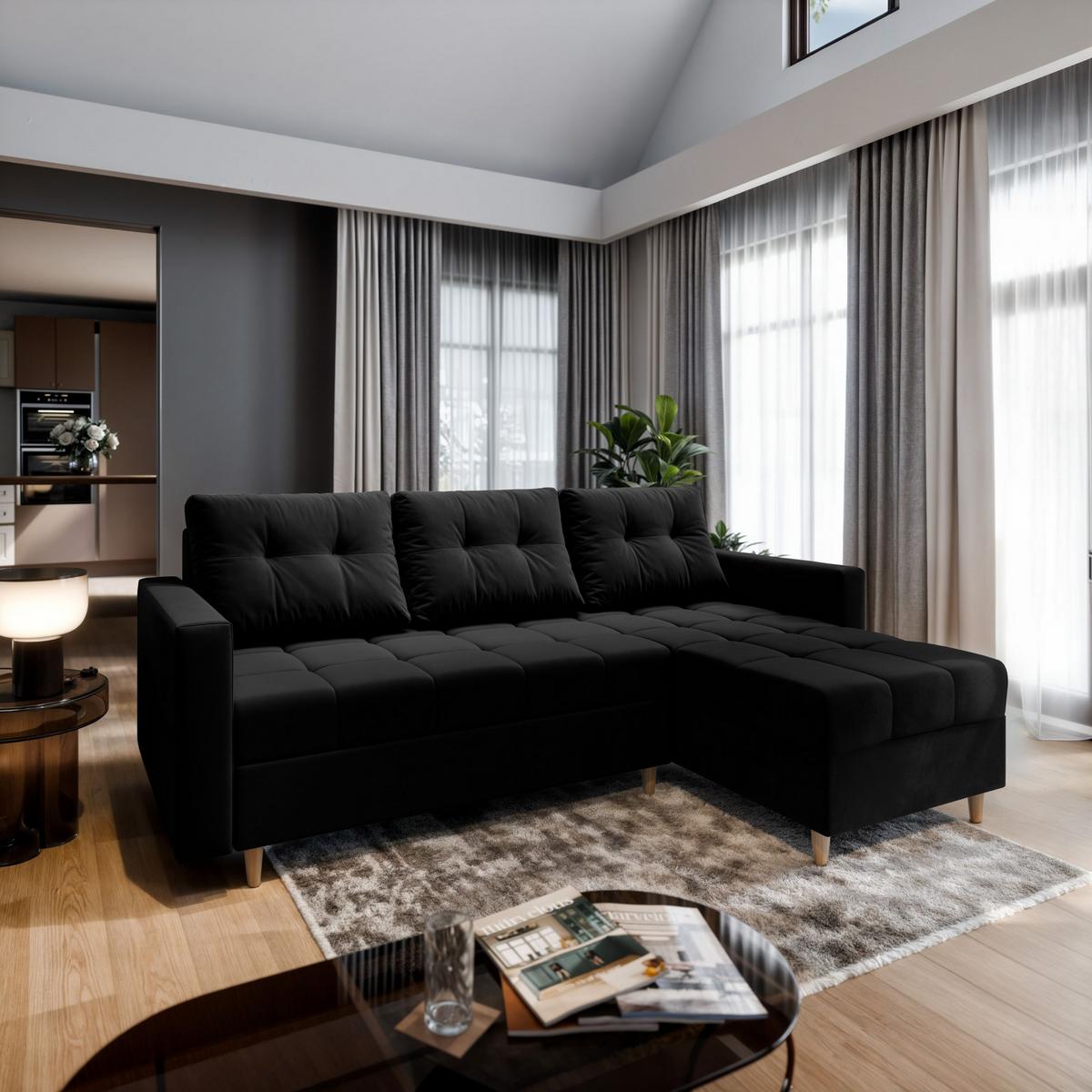 ECKSOFA MILO L Schwarz Plüsch-Stoff mit Schlaffunktion - Schwarz/Braun, Holz/Textil (220/140cm) - MASSENO