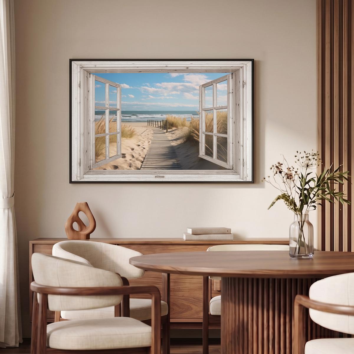 LEINWAND Bilder mit Rahmen - Fenster - Meer - Küste - Natur - Ausblick - Strand - Wattenmeer - 90x60 - Beige, Textil (90/60cm) - MuchoWow