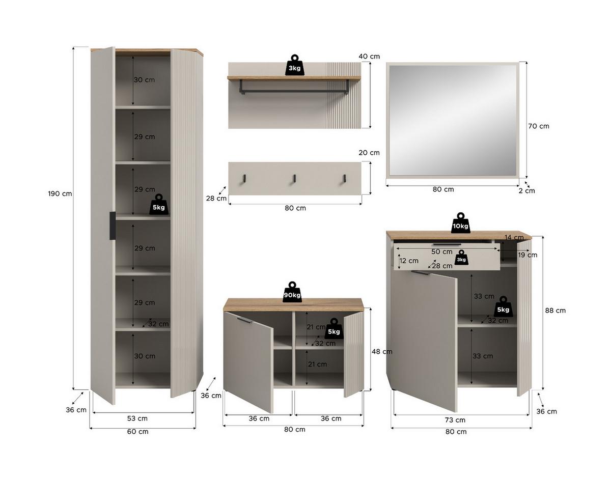 GARDEROBEN-SET 6-teilig Kaschmir Sand und Eiche, Komplett-Set 250 x 190 cm - Kaschmir/Eichefarben, Holzwerkstoff/Kunststoff (250/190/36cm) - Inn.Furn