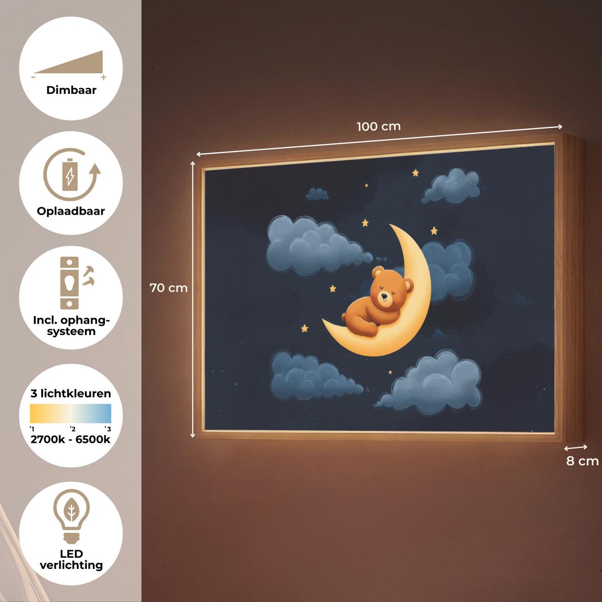 WANDLEUCHTE MIT AKKU Teddybär - Mond - Wolken - Sterne 100x70 cm - Dunkelblau, Holzwerkstoff (100/70/8cm) - OnlyWow
