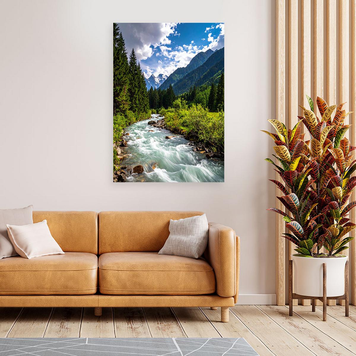 LEINWANDBILD Berglandschaft Bach Natur 80x120cm - Grün, Textil (80/120cm) - Feeby