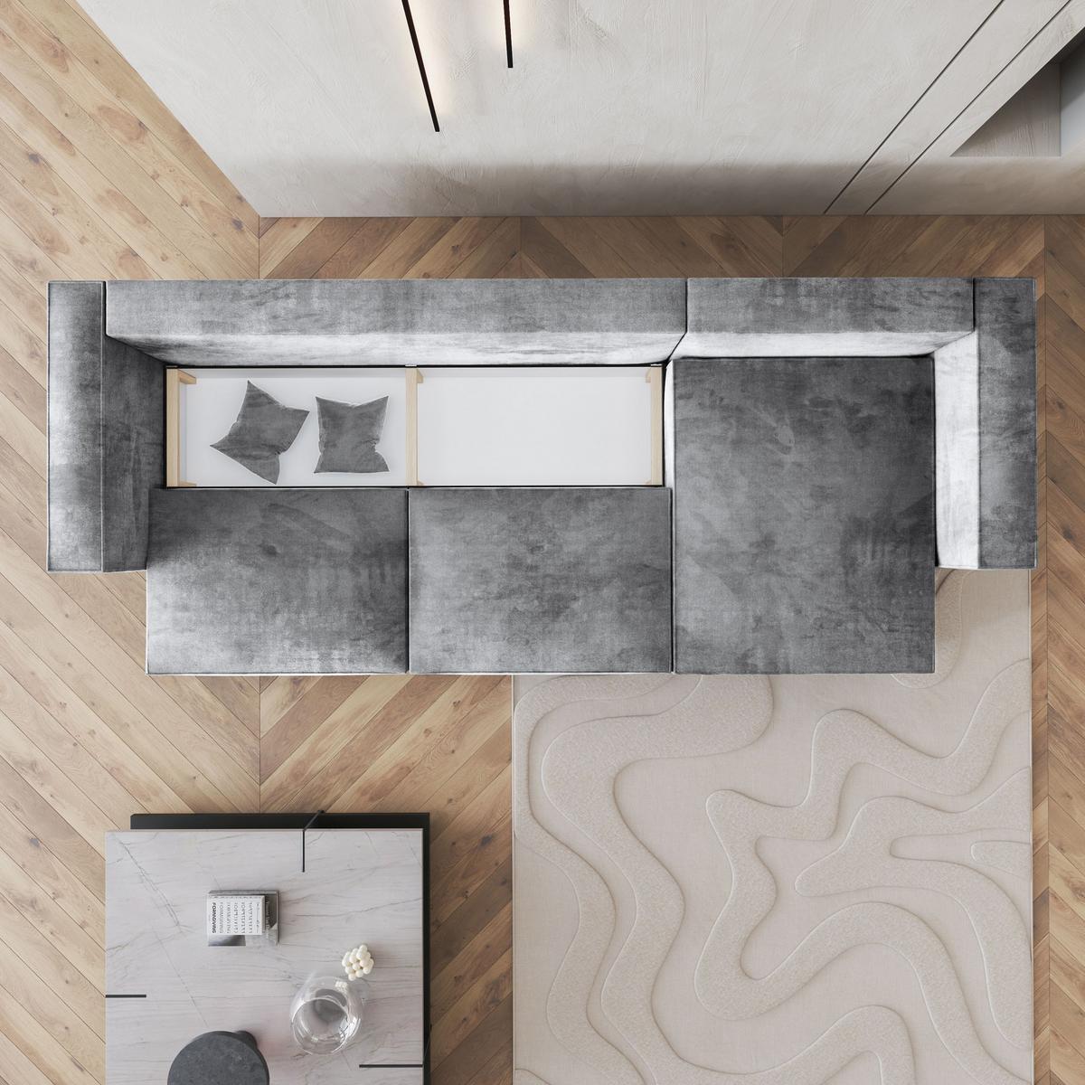 ECKSOFA TOLMO M Hellgrau Velours-Stoff mit Schlaffunktion - Hellgrau/Grau, Holz/Kunststoff (347/148cm) - MASSENO
