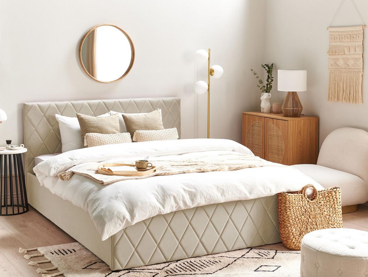 BETT mit Stauraum 160x200 cm Beige Rochefort - Beige, Textil (160/200cm) - Beliani