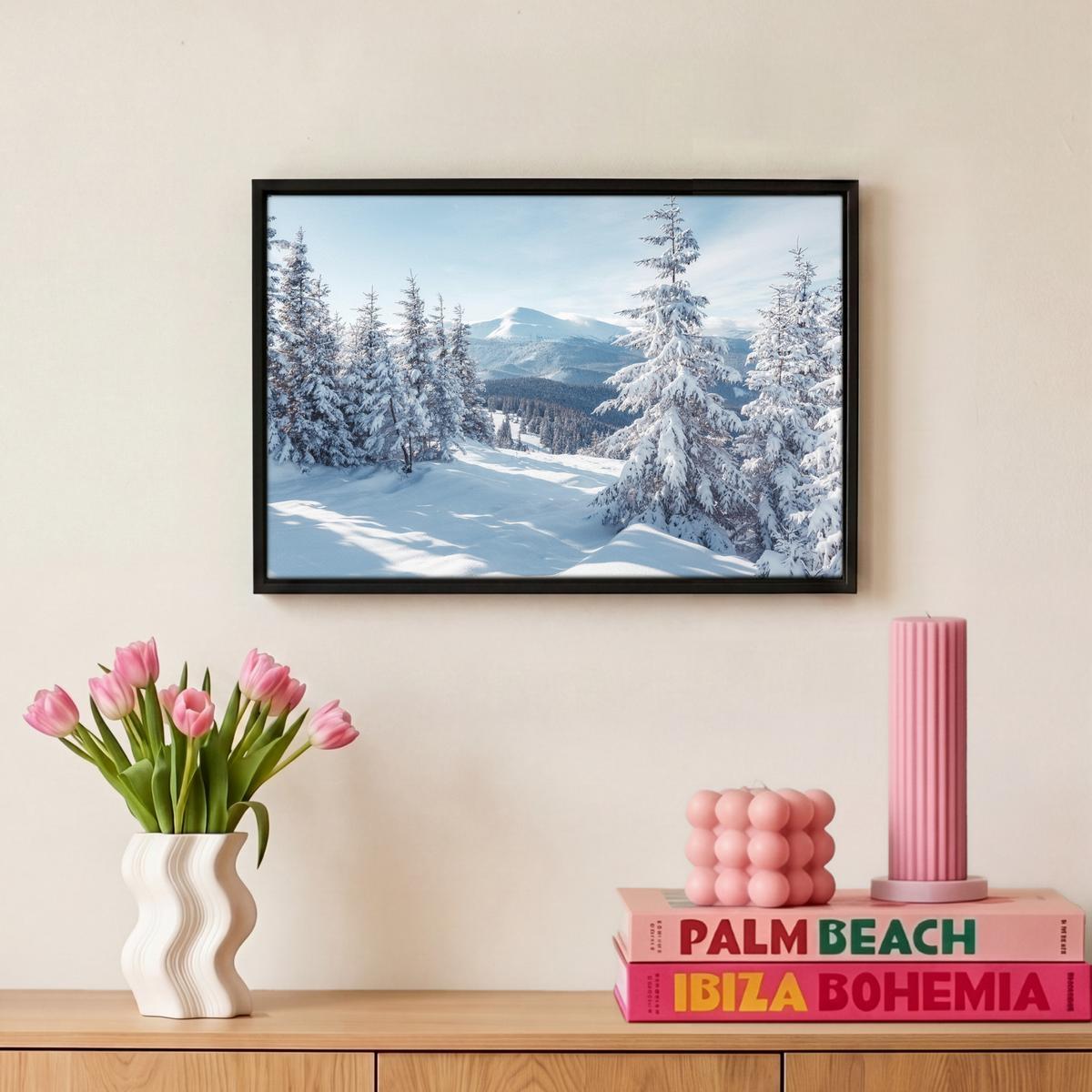 LEINWAND Bilder mit Rahmen - Winterlandschaft - Natur - Berge - Bäume - Schnee - 30x20 - Hellblau, Textil (30/20cm) - MuchoWow