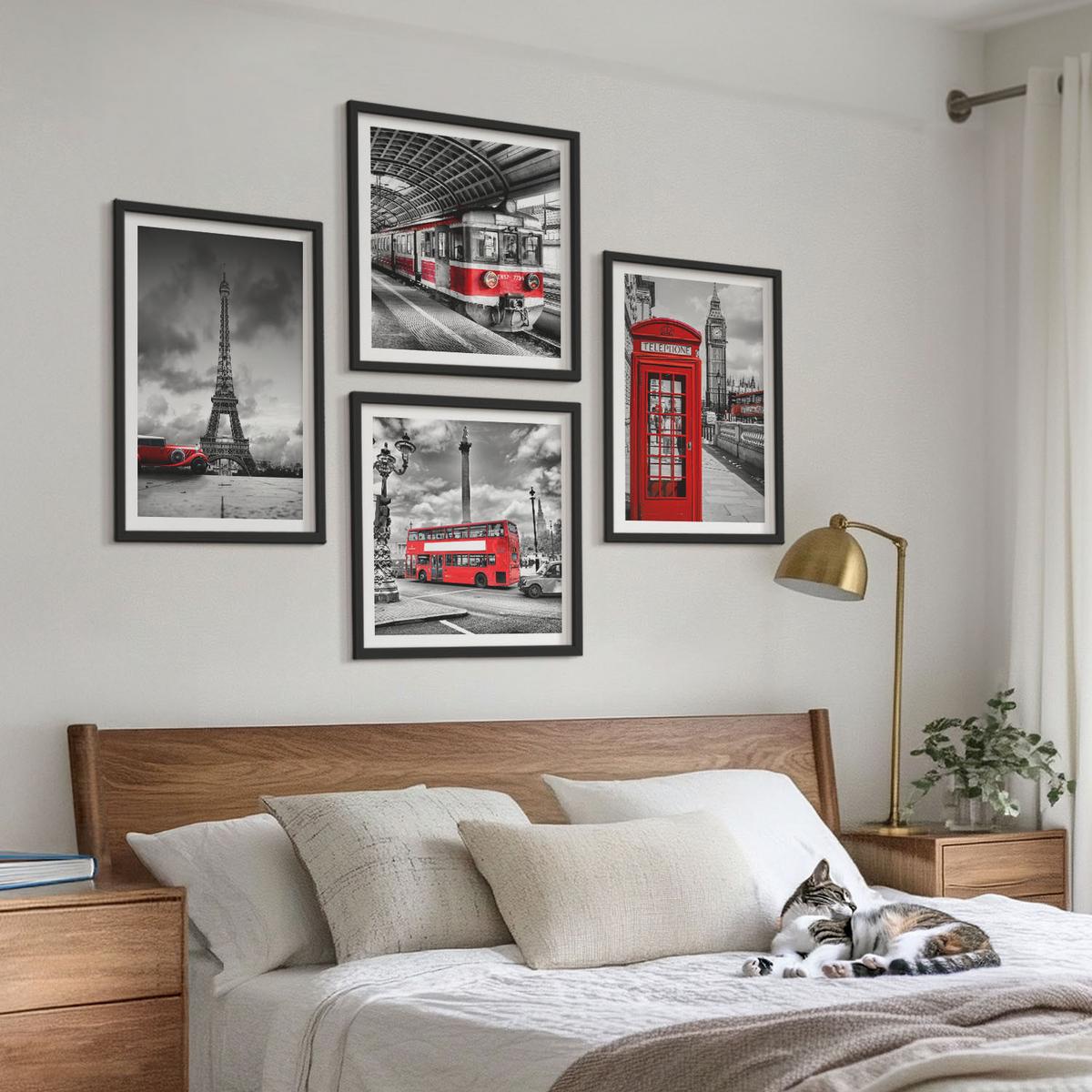 BILDER SET 4er Set - 50x50 cm & 40x60 cm Schwarzer Rahmen - Ikonische Städte London Paris Eisenbahn - Schwarz, Kunststoff (50/50cm) - TULUP