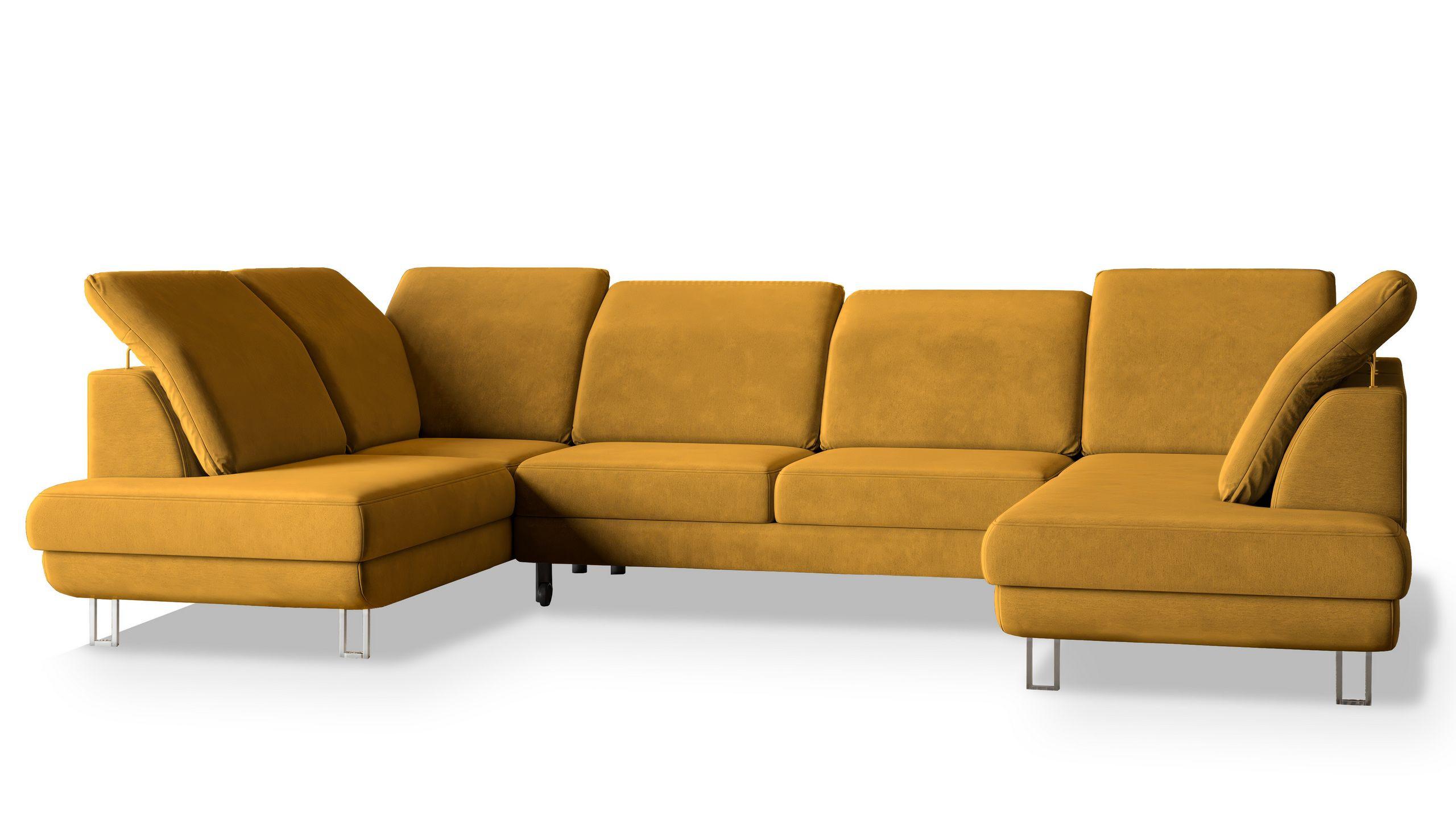 WOHNLANDSCHAFT TERAMO Gelb Velours-Stoff mit Schlaffunktion - Gelb/Silberfarben, Holz/Textil (316/88/193cm) - MASSENO
