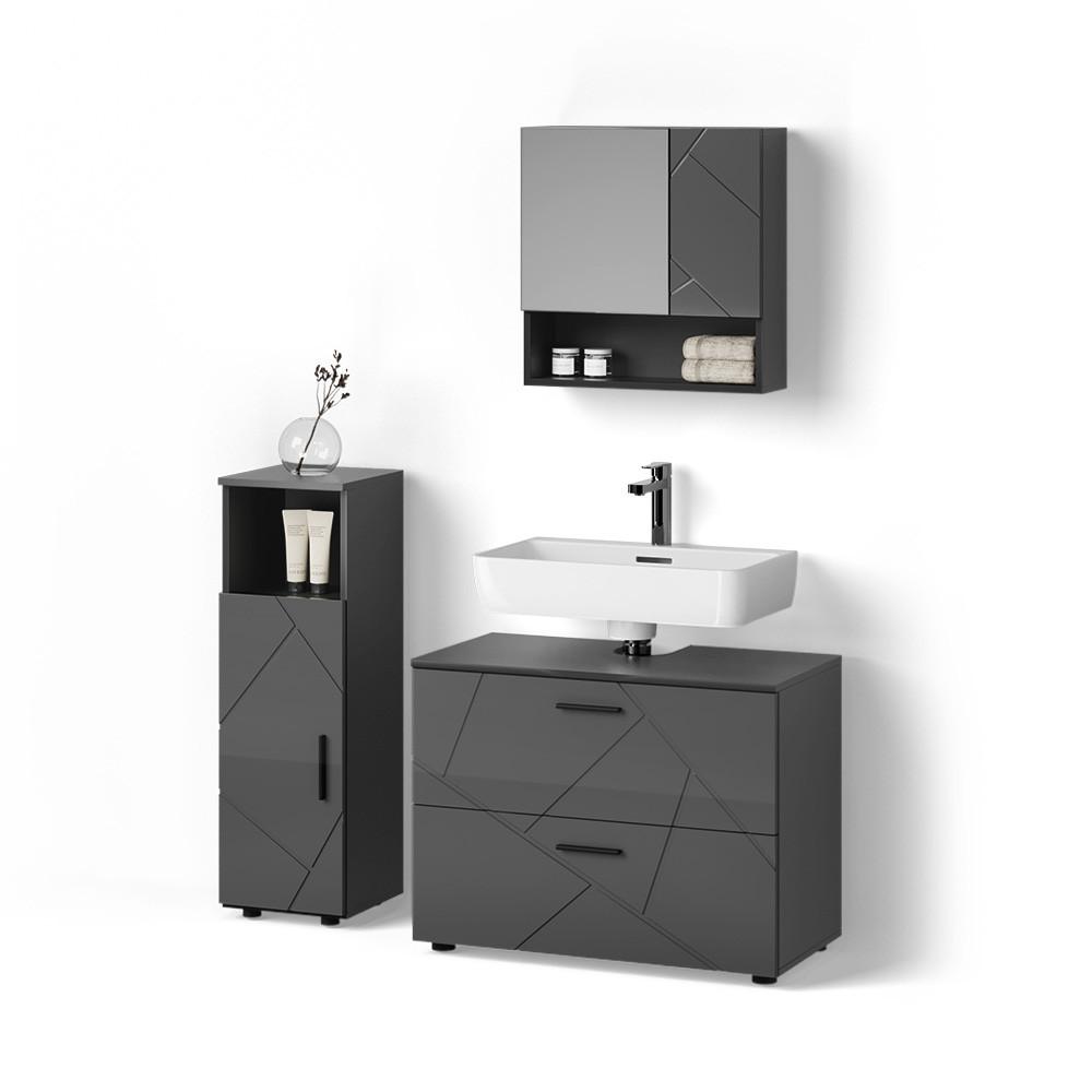 BADMÖBEL-SET Ronco Anthrazit Hochglanz 3 Teile, mit Midischrank - Schwarz Hochglanz, Holzwerkstoff (80/58/41cm) - Livinity®