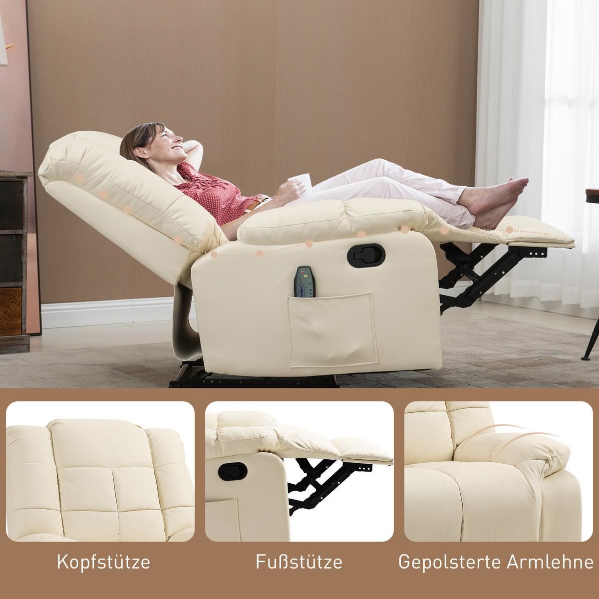 MASSAGESESSEL Elektrisch Fernsehsessel mit Liegefunktion 8 Massagepunkte Creme - Creme/Schwarz, Leder (99/99/94cm) - HOMCOM