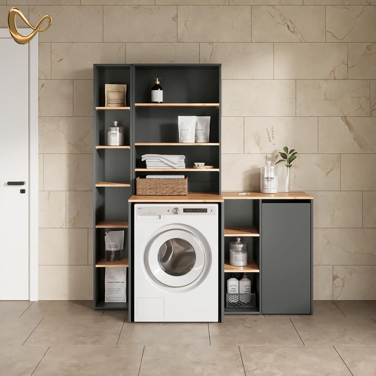 BADSCHRANK Paolina Anthrazit/Goldkraft Eiche 68 x 88.2 cm , mit offenen Regalen und Wäschekorb - Honigeiche/Anthrazit, Holzwerkstoff (68/88.2/40.5cm) - Livinity®