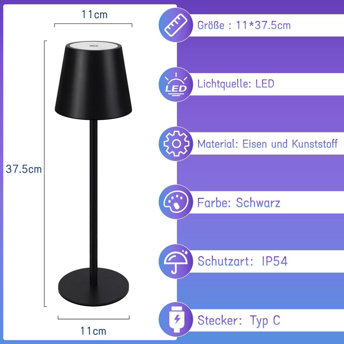 LED-TISCHLEUCHTE Kassel(2er-set) 11/11/37.5 cm - Schwarz, Metall (11/11/37.5cm) - Nettlife