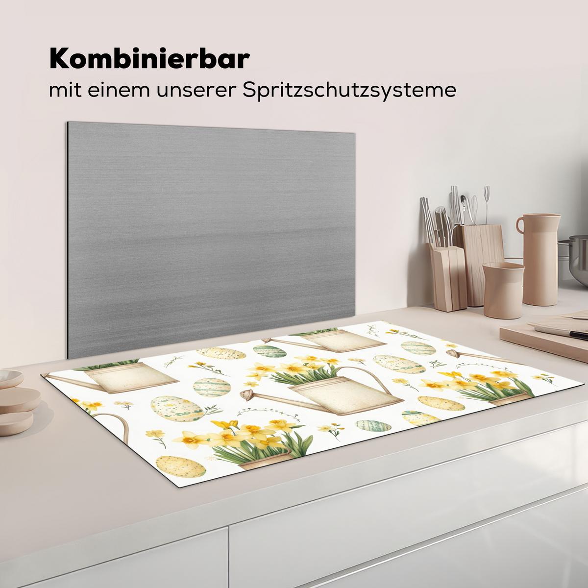 HERDABDECKPLATTE Gießkanne - Blumen - Eier Induktionsschutz 91.6x52.7 cm - Weiß, Kunststoff (91.6/52.7/0.2cm) - MuchoWow