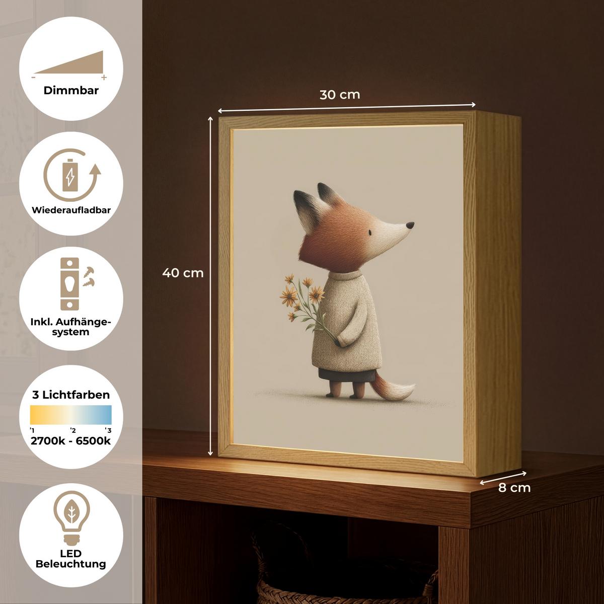 WANDLEUCHTE MIT AKKU Fuchs - Gelbe Blumen - Minimalistisch 30x40 cm - Taupe, Holzwerkstoff (30/40/8cm) - OnlyWow