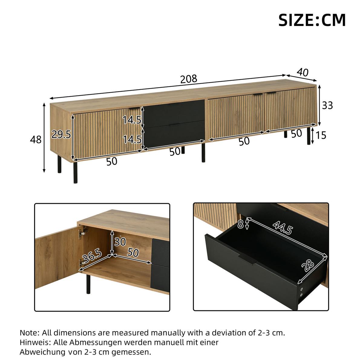 TV-LOWBOARD Lowboard 208cm Schwarz & Holzoptik für 85 Zoll, 3 Schränke und 2 Schubladen - Naturfarben, Holzwerkstoff (208/48/40cm) - Urban Meuble