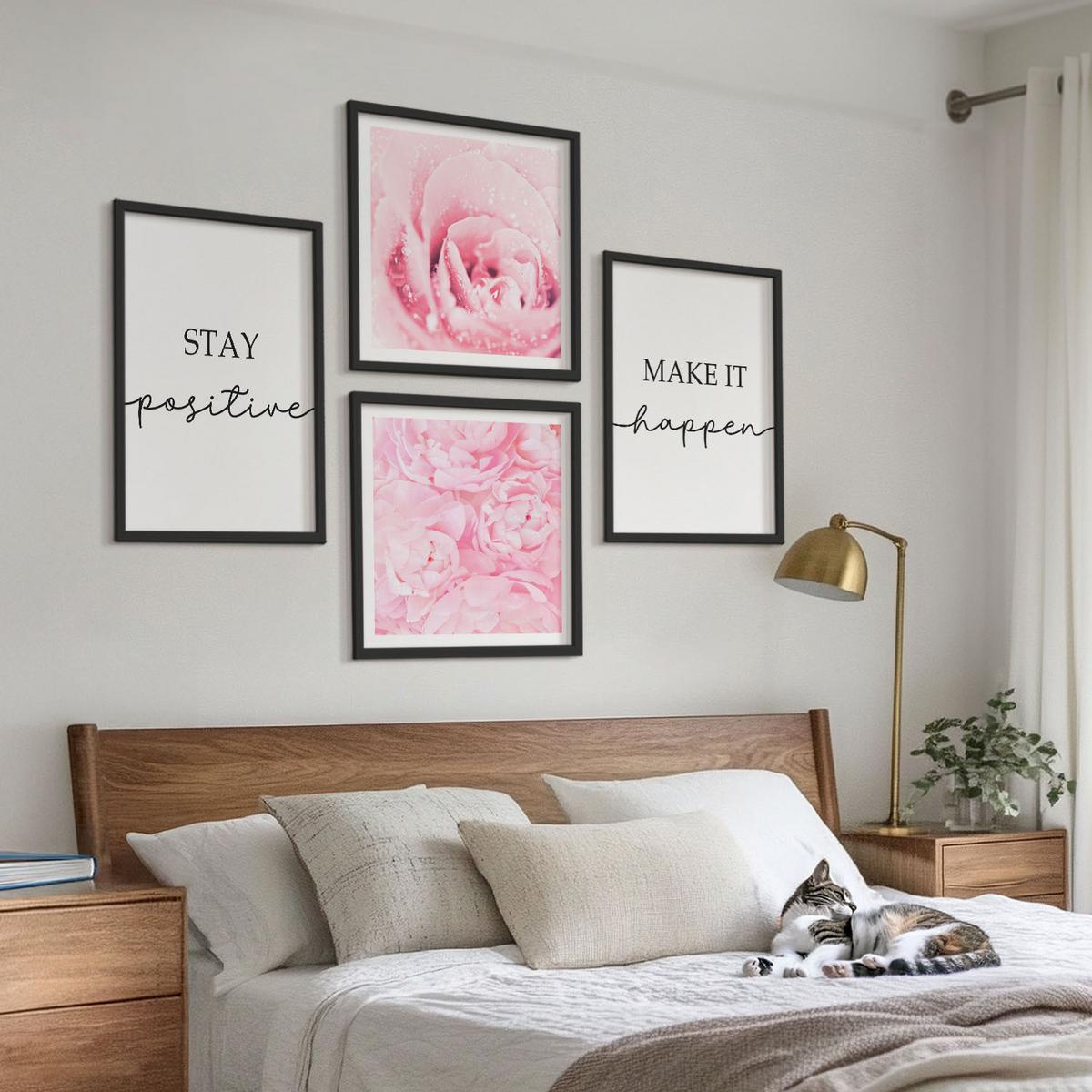 BILDER SET 4er Set - 50x50 cm & 40x60 cm Schwarzer Rahmen - Minimalistische rosa Blüten - Schwarz, Kunststoff (50/50cm) - TULUP