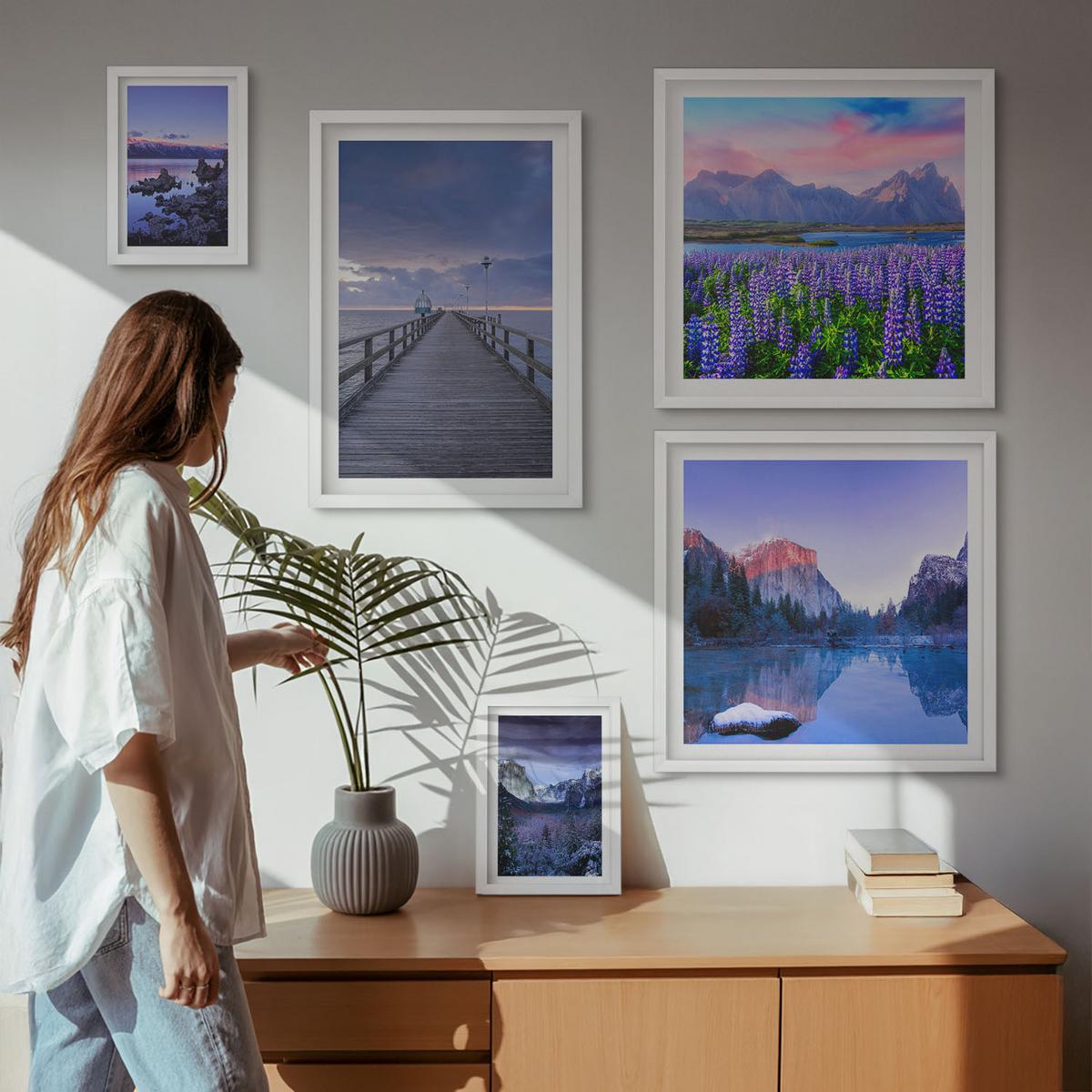 BILDER SET 5er Set - 50x50 cm & 20x30 cm & 40x60 cm Weißer Rahmen - Berglandschaften, Wasser, Blumenfeld - Weiß, Kunststoff (40/60cm) - TULUP