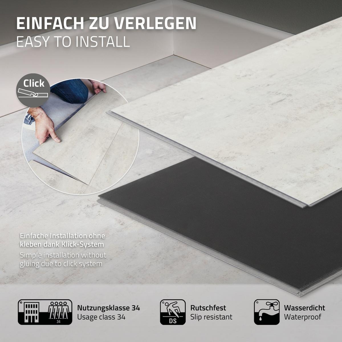 VINYLBODEN Klick 1,86m²/10 Dielen PVC Bodenbelag Eiche Rustikal Hell Holzoptik - Hellgrau, Kunststoff (61.5/31/0.42cm) - ML-DESIGN