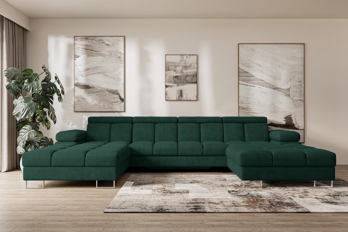 WOHNLANDSCHAFT mit Schlaffunktion und Bettkasten COMA U2 345x203x79 Grün Velours - Grün, Holzwerkstoff/Textil (345/79/203cm) - ALTDECOR