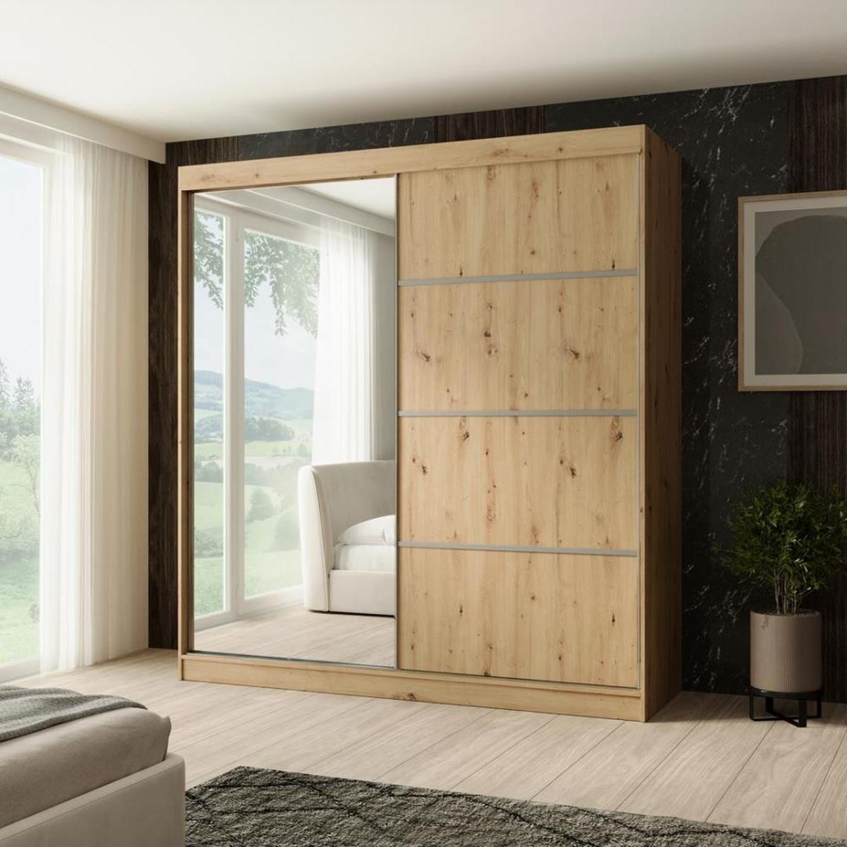 SCHWEBETÜRENSCHRANK Paco 200/215/61 2-türig eiche Craft mit Spiegel - Eichefarben, Holzwerkstoff (200/215/61cm) - Beautysofa