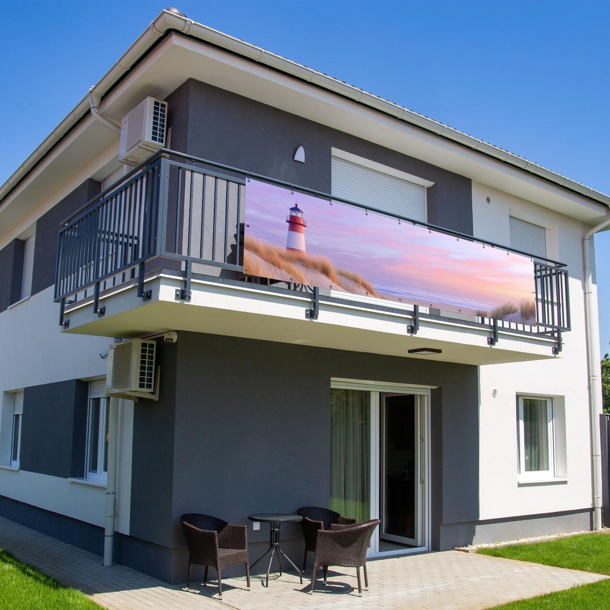 BALKON-SICHTSCHUTZ Leuchtturm - Dünen - Sonnenuntergang Witterungsbeständig 300x80 cm - Hellrosa, Kunststoff (300/80cm) - MuchoWow