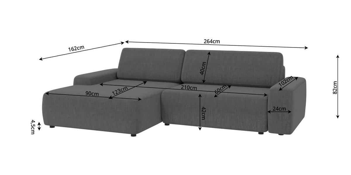 ECKSOFA Lopez Grau Samt-Stoff - Schwarz/Grau, Holz/Kunststoff (264/162cm) - S-Style Möbel