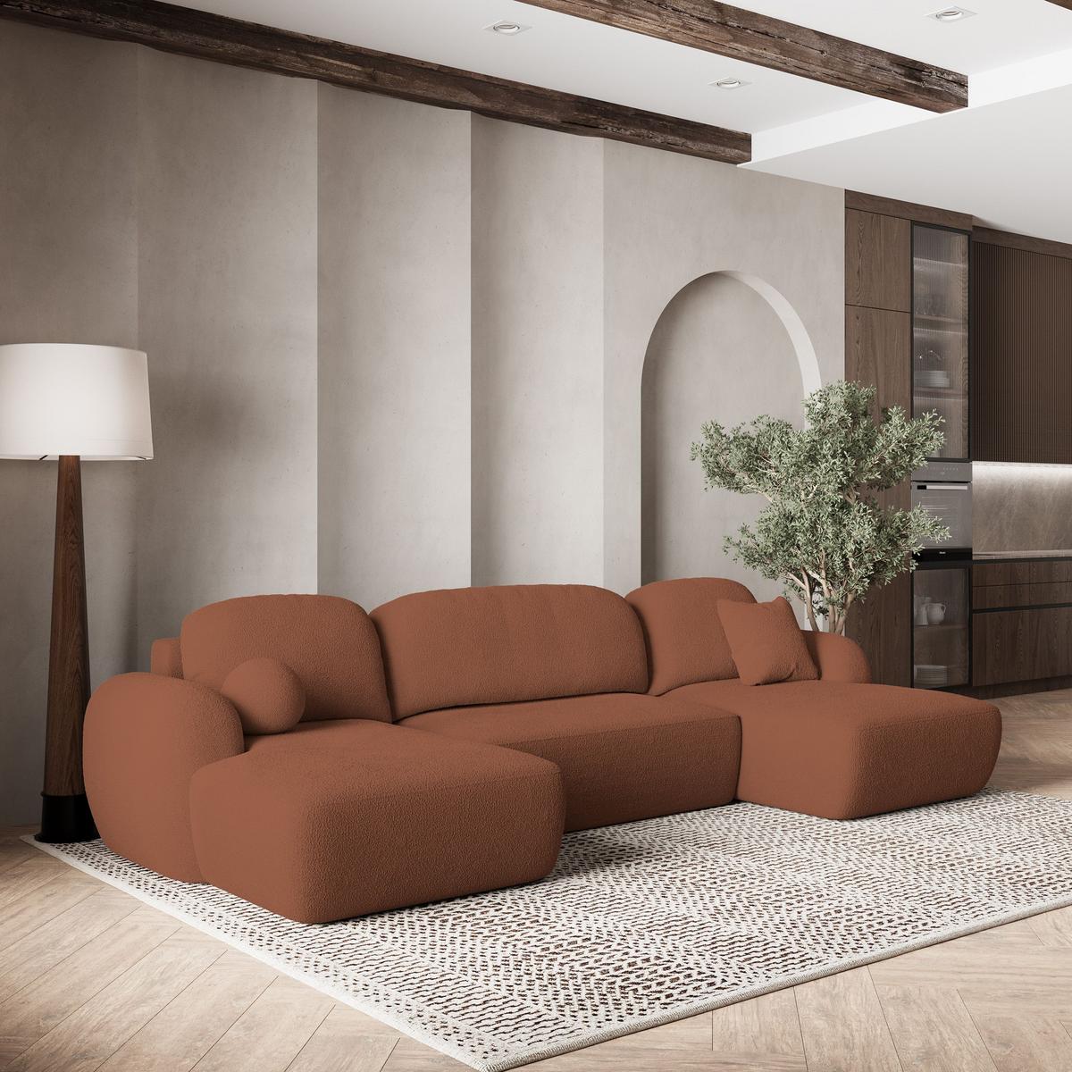 WOHNLANDSCHAFT SAVONA N Orange Boucle-Stoff mit Schlaffunktion - Schwarz/Orange, Holz/Kunststoff (320/90/148cm) - MASSENO