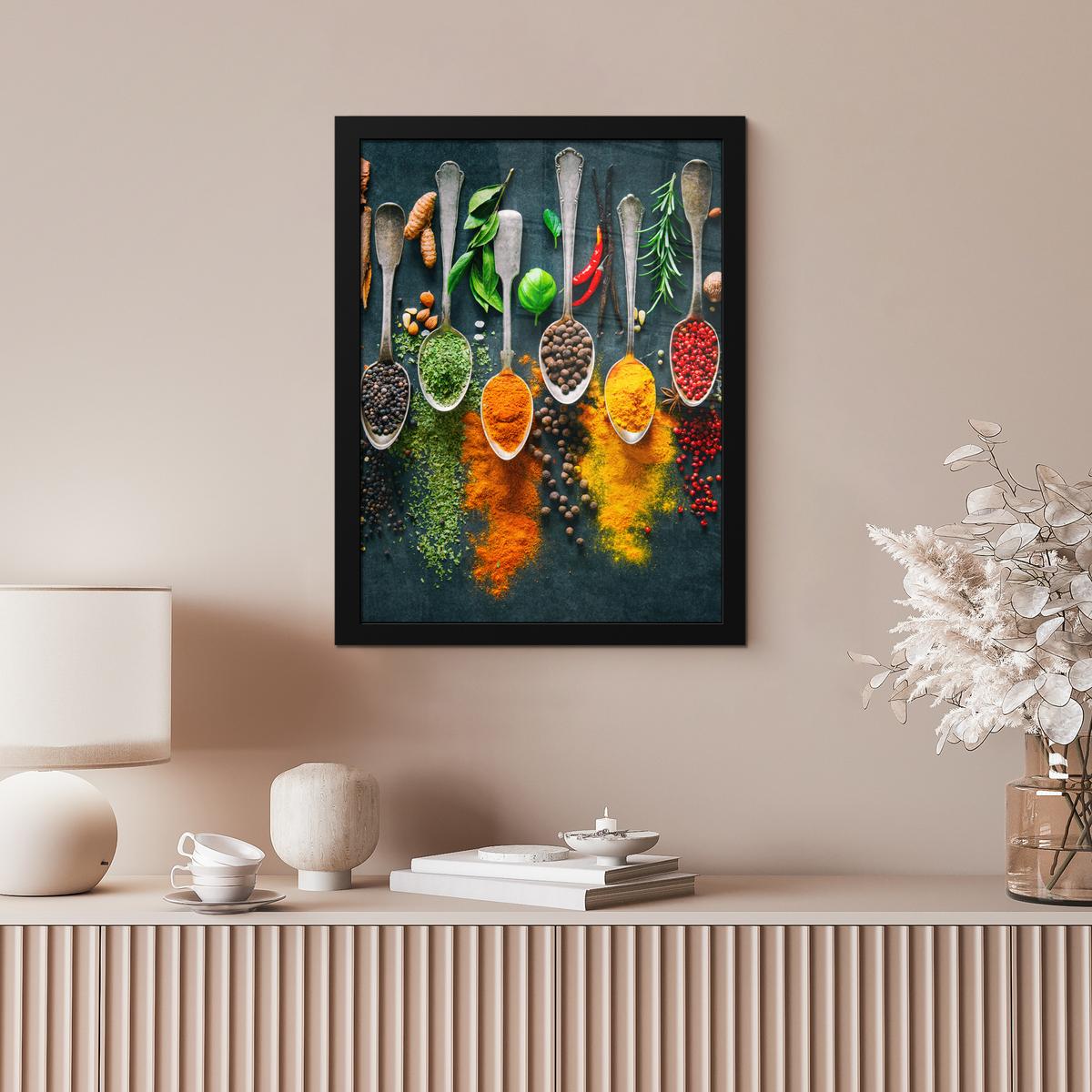 POSTER MIT RAHMENGERAHMTES BILD Kräuter - Gewürze - Löffel Bilderrahmen 30x40 cm - Currygelb, Papier (30/40cm) - MuchoWow