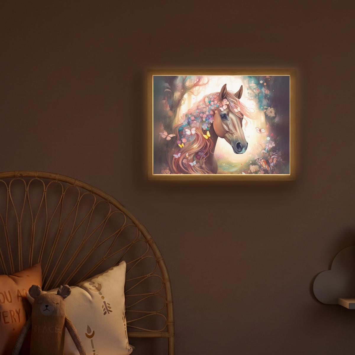 NACHTTISCHLAMPE MIT AKKU Pferd - Natur - Blumen - Schmetterlinge - Wald 40x30 cm - Dunkelbraun, Holzwerkstoff (8/40/30cm) - OnlyWow